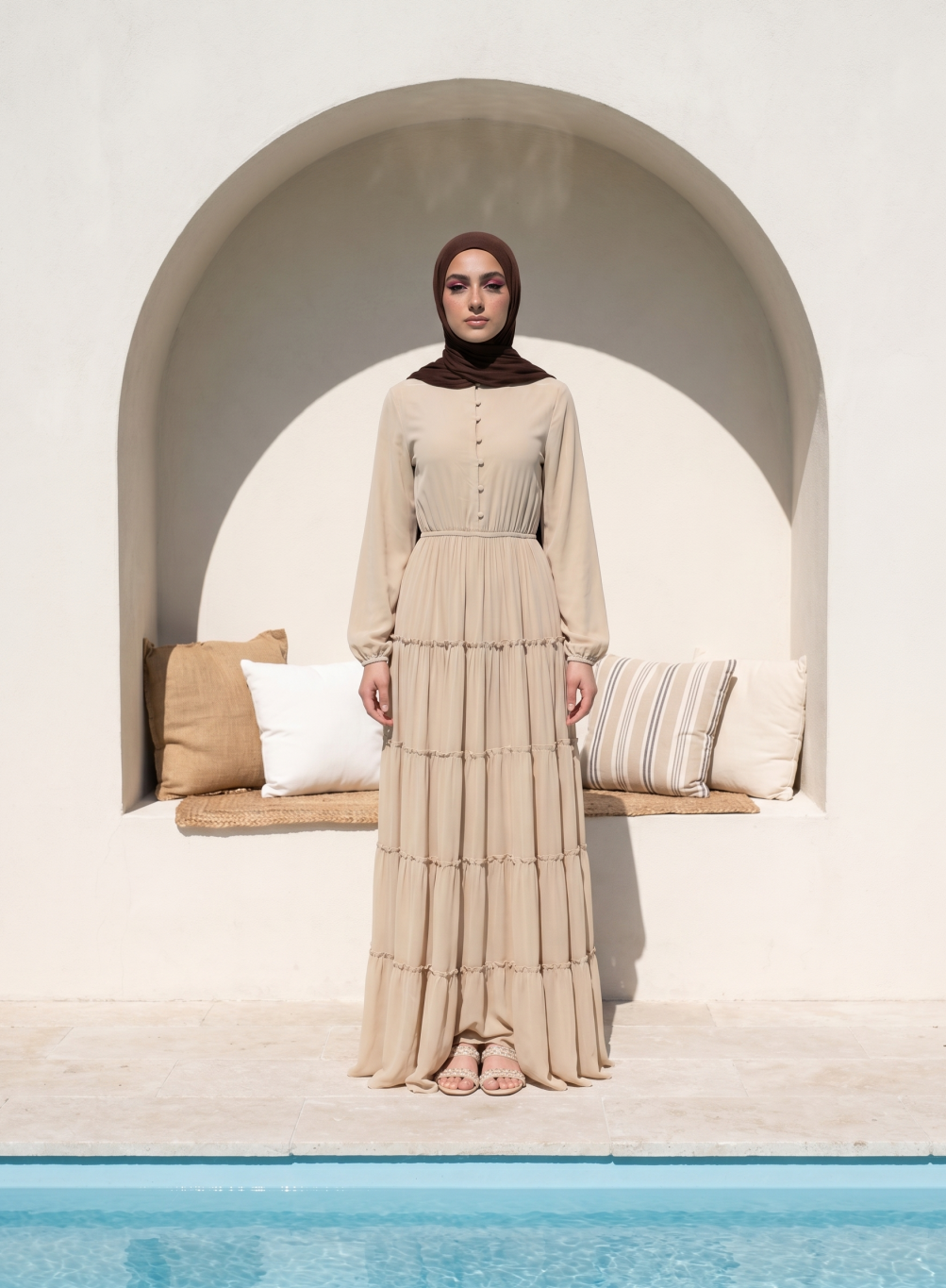 Beige High Neck Tiered Maxi Dress with Long Sleeves