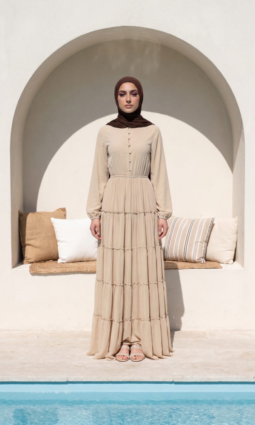 Beige High Neck Tiered Maxi Dress with Long Sleeves