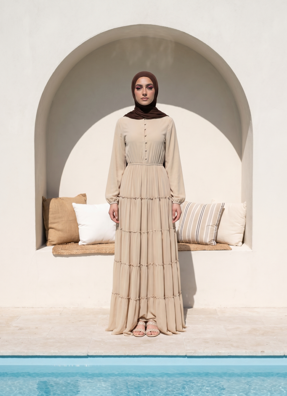 Beige High Neck Tiered Maxi Dress with Long Sleeves
