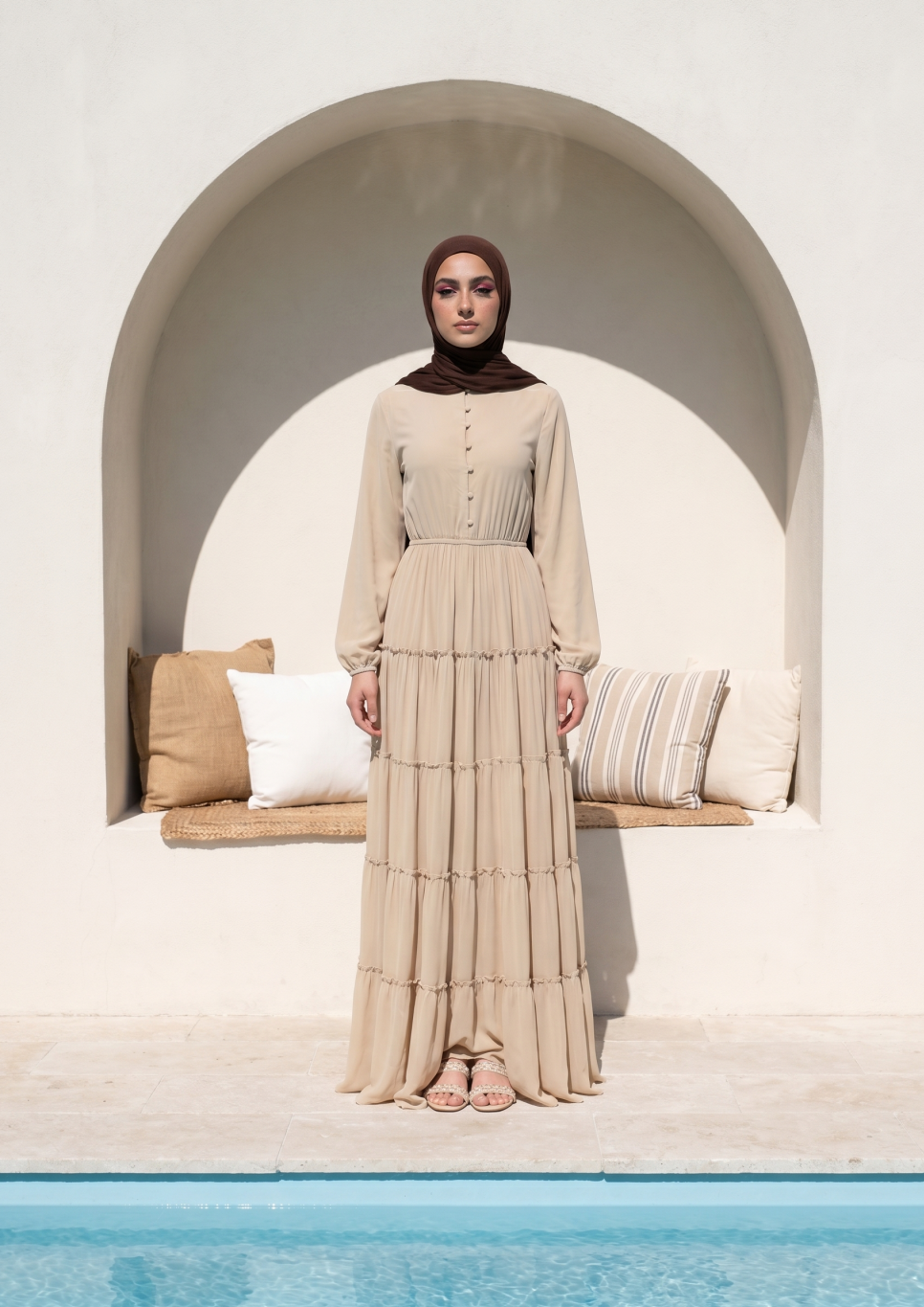 Beige High Neck Tiered Maxi Dress with Long Sleeves