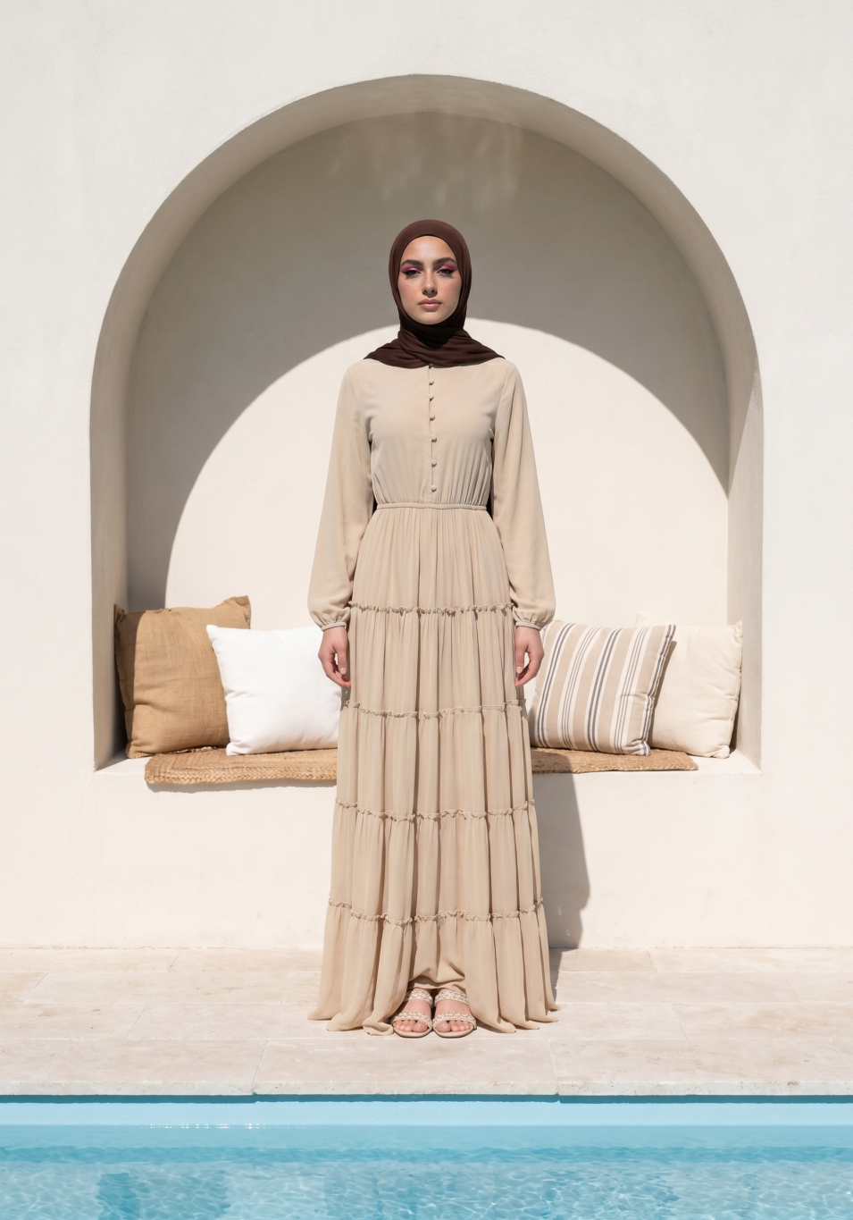 Beige High Neck Tiered Maxi Dress with Long Sleeves