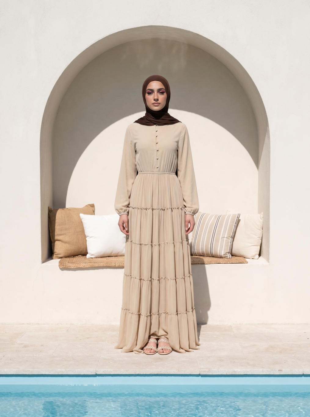 Beige High Neck Tiered Maxi Dress with Long Sleeves