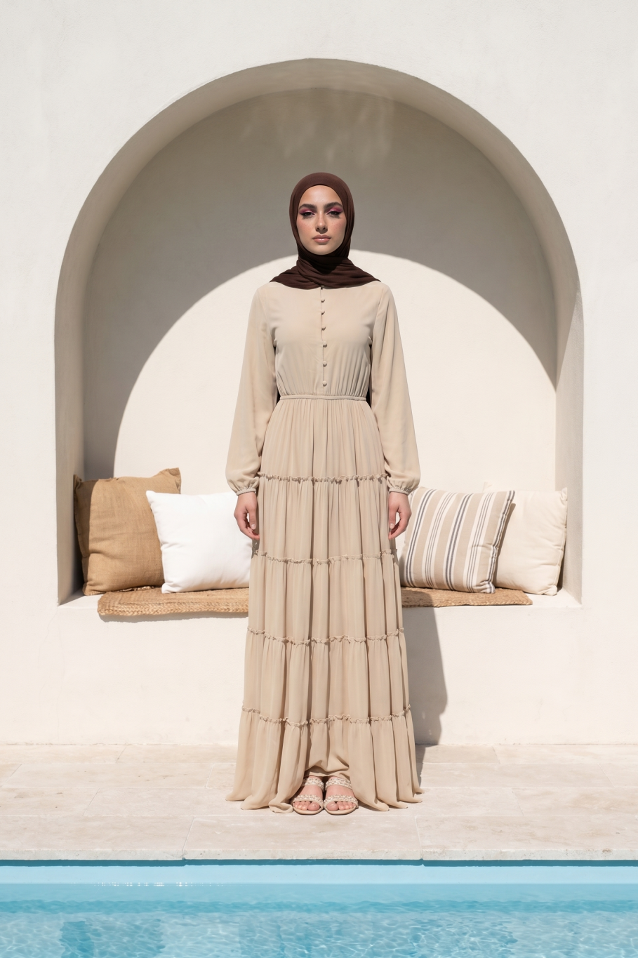 Beige High Neck Tiered Maxi Dress with Long Sleeves