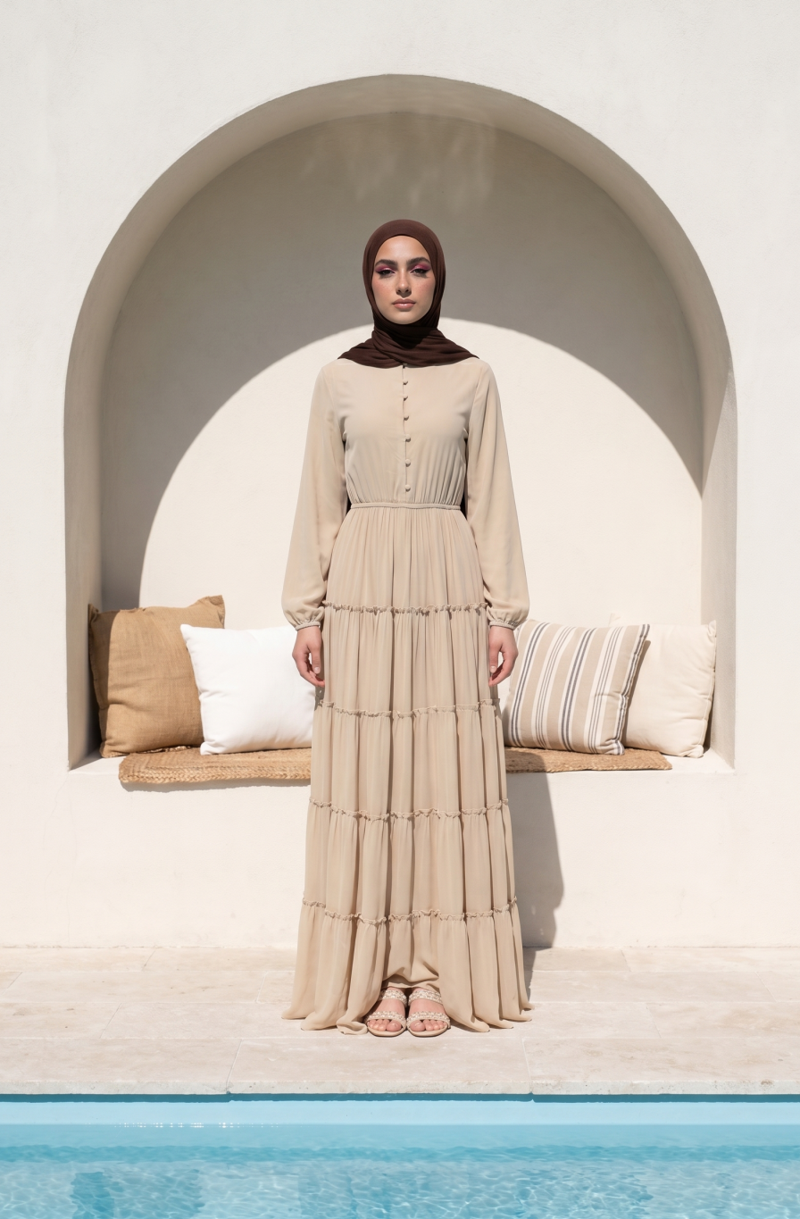 Beige High Neck Tiered Maxi Dress with Long Sleeves