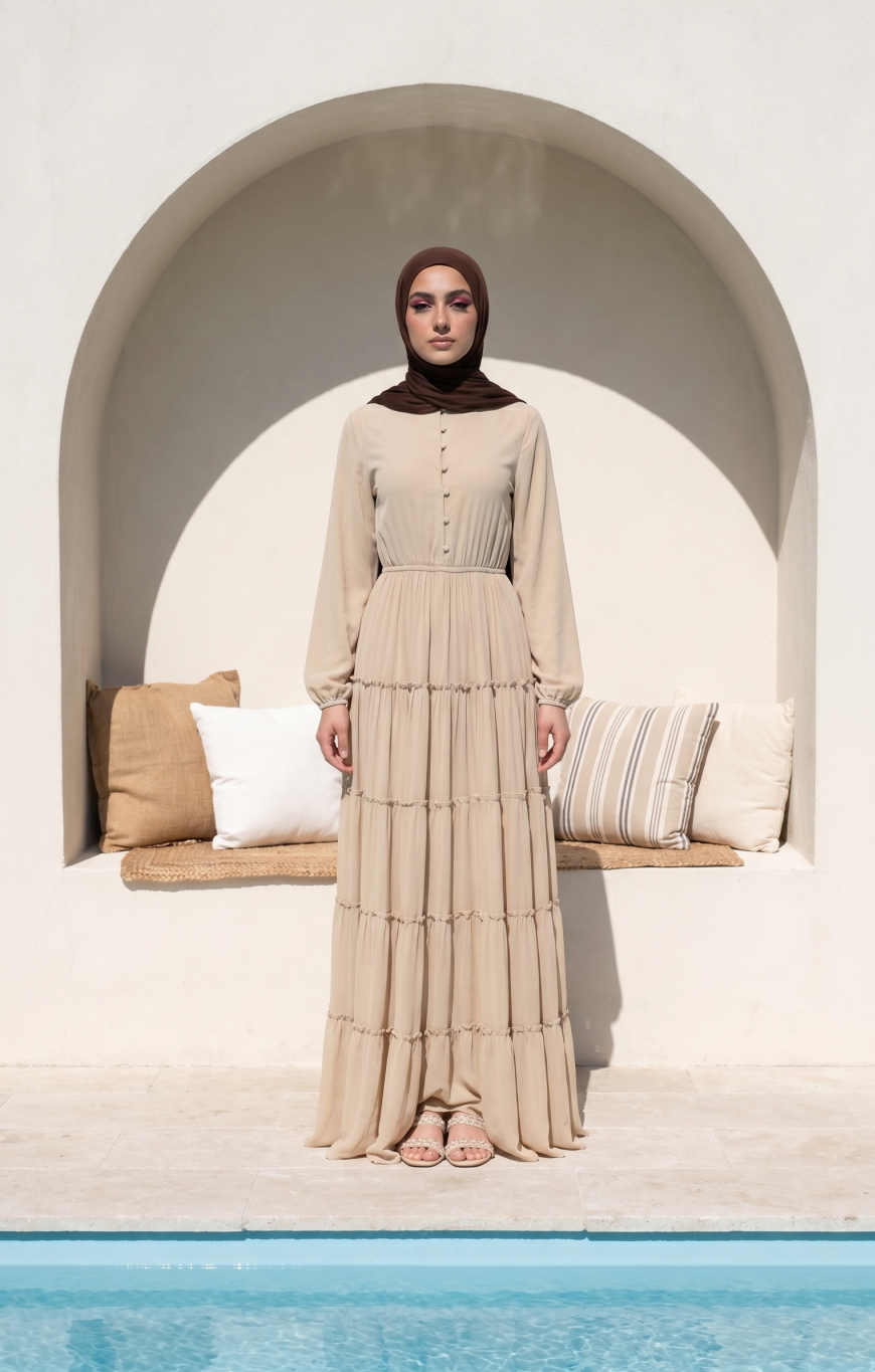 Beige High Neck Tiered Maxi Dress with Long Sleeves