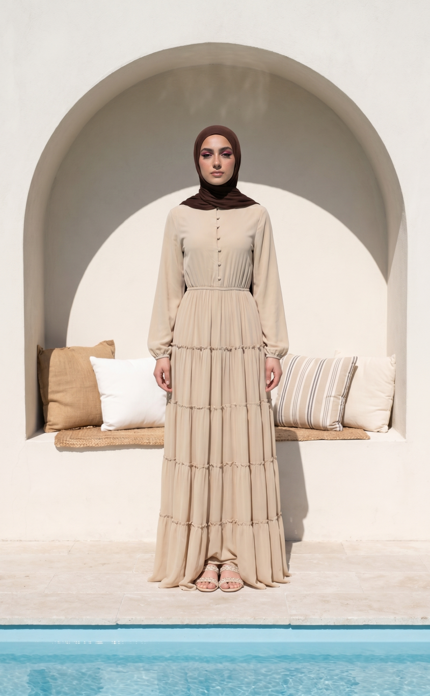 Beige High Neck Tiered Maxi Dress with Long Sleeves