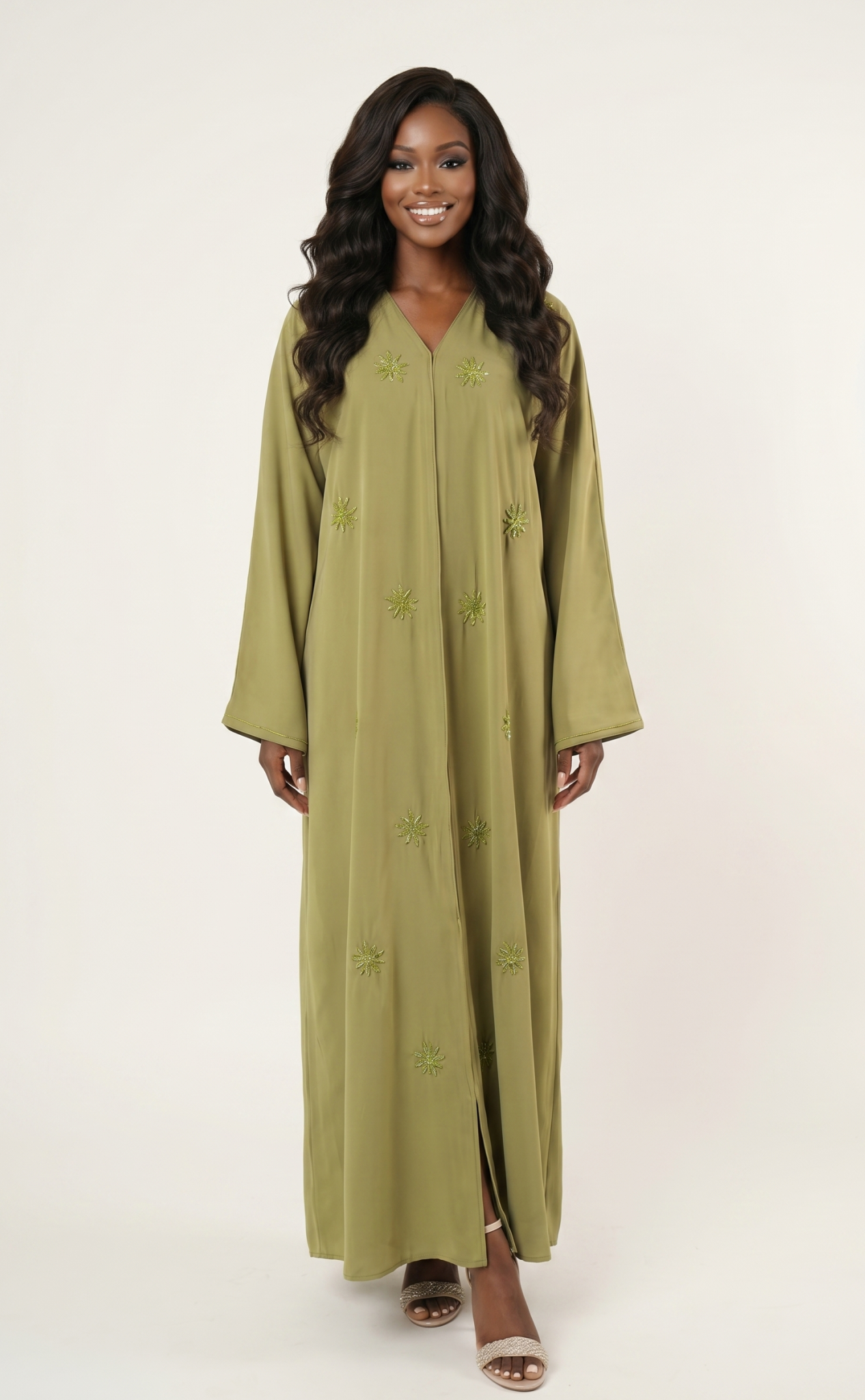 Olive Green Embellished Maxi Abaya Dress with Beaded Floral Details