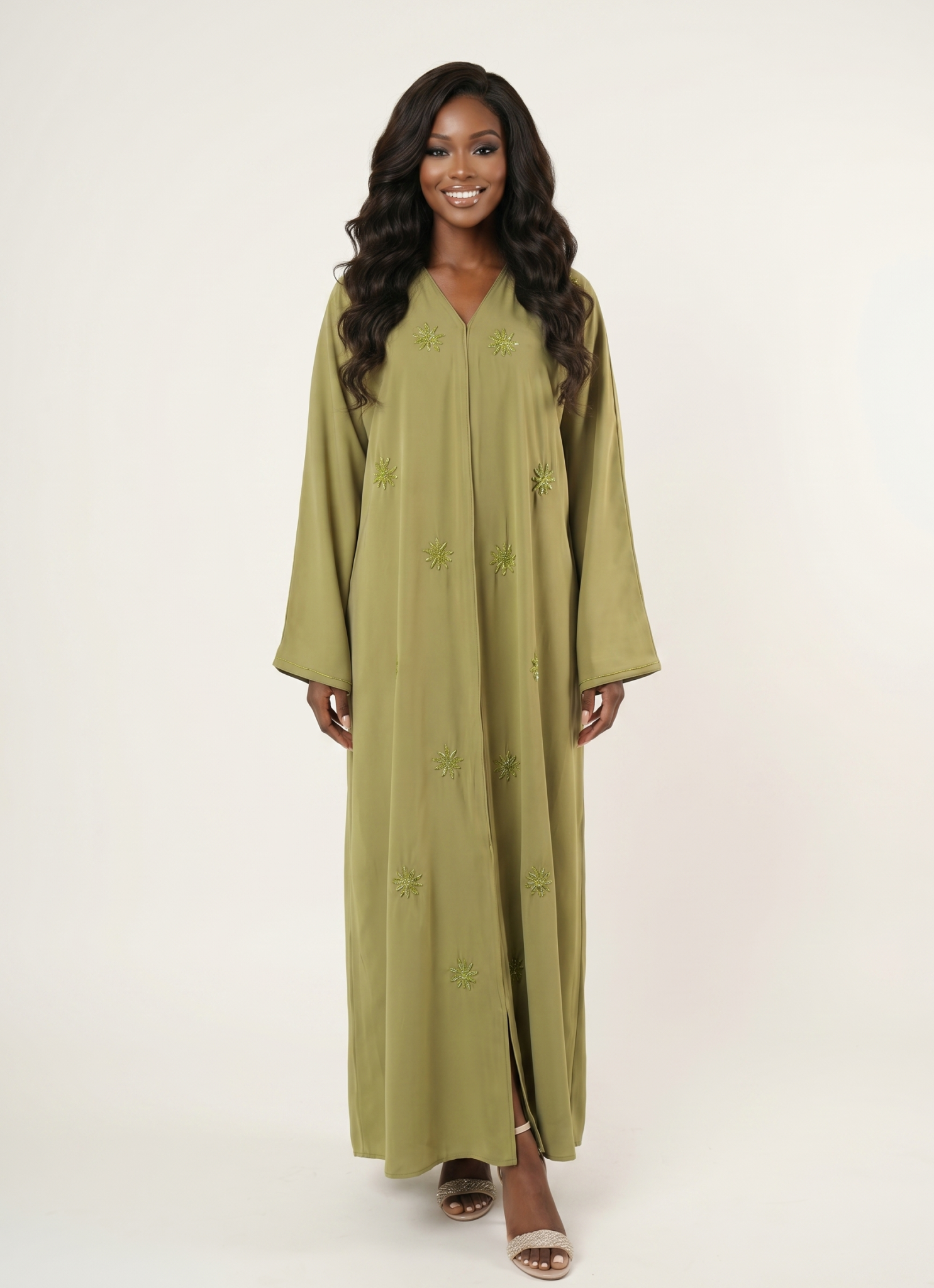 Olive Green Embellished Maxi Abaya Dress with Beaded Floral Details