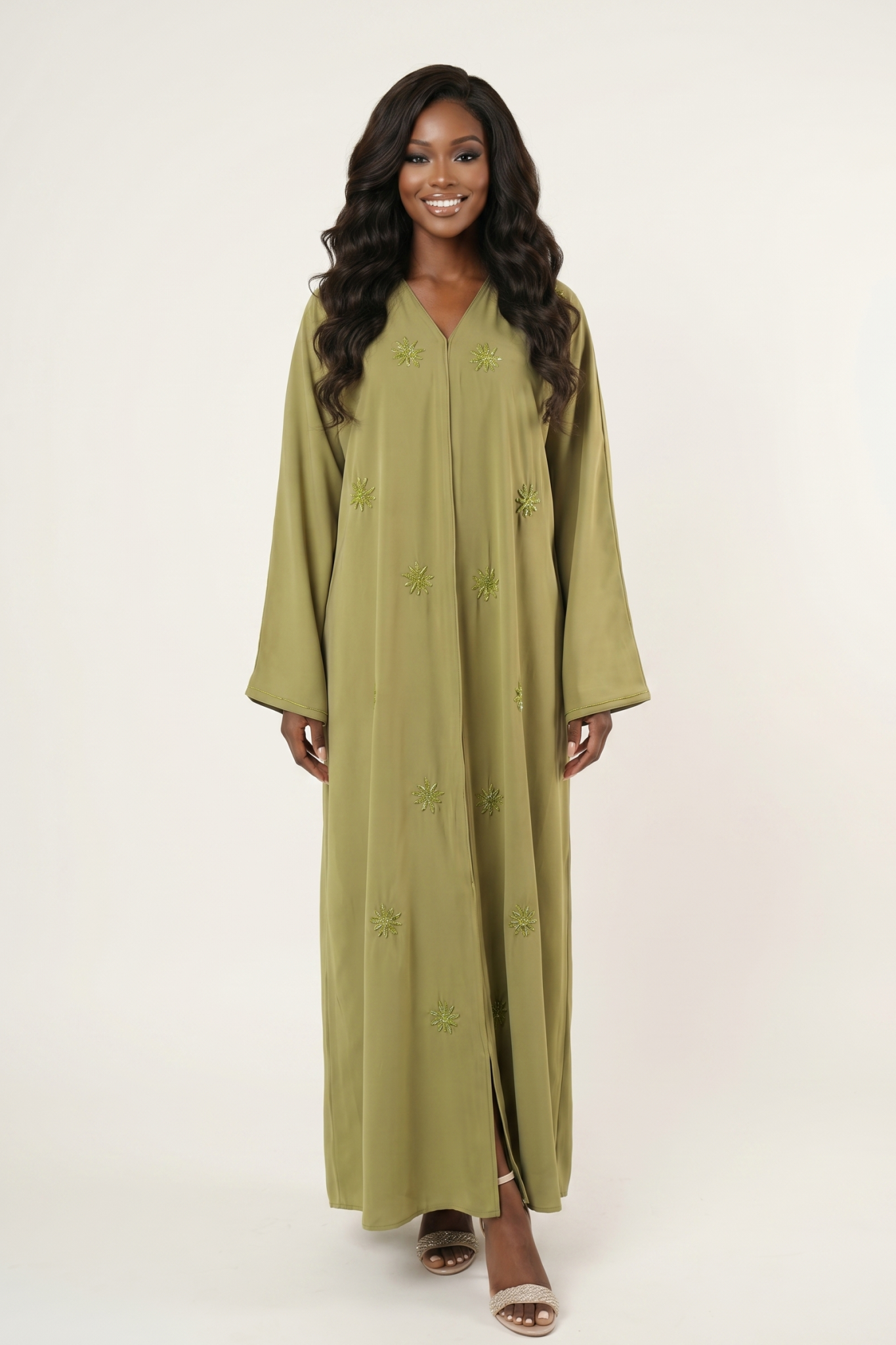Olive Green Embellished Maxi Abaya Dress with Beaded Floral Details