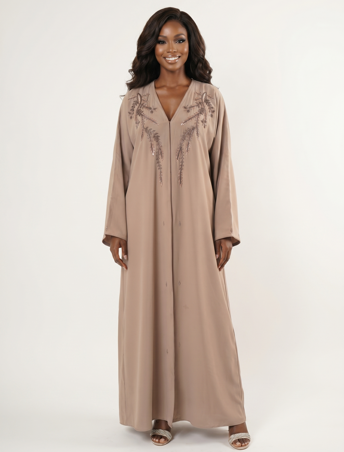 Elegant Beige Embellished Maxi Abaya Dress