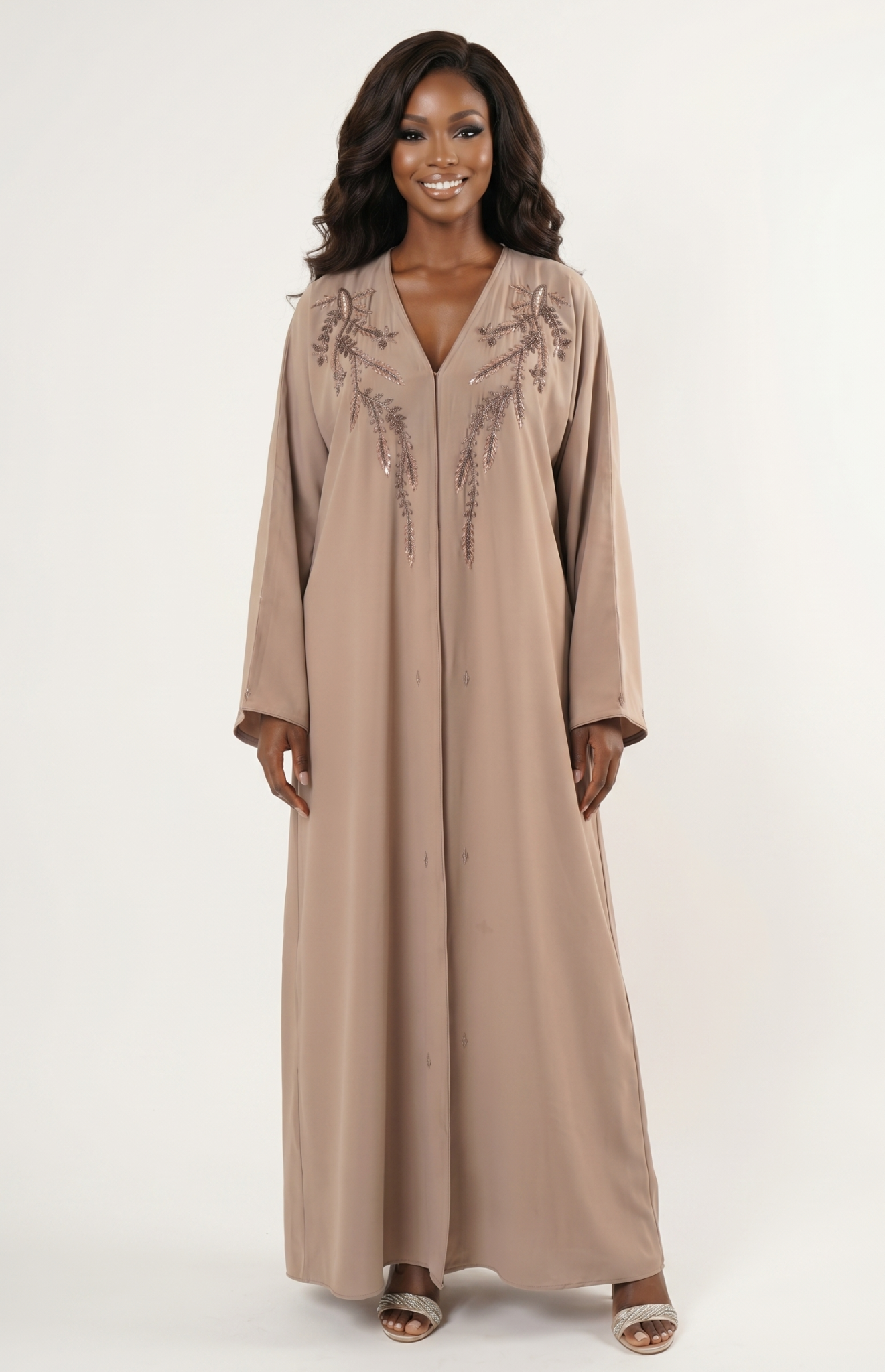 Elegant Beige Embellished Maxi Abaya Dress
