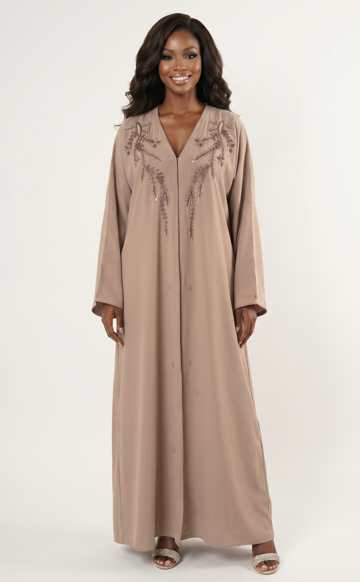 Elegant Beige Embellished Maxi Abaya Dress
