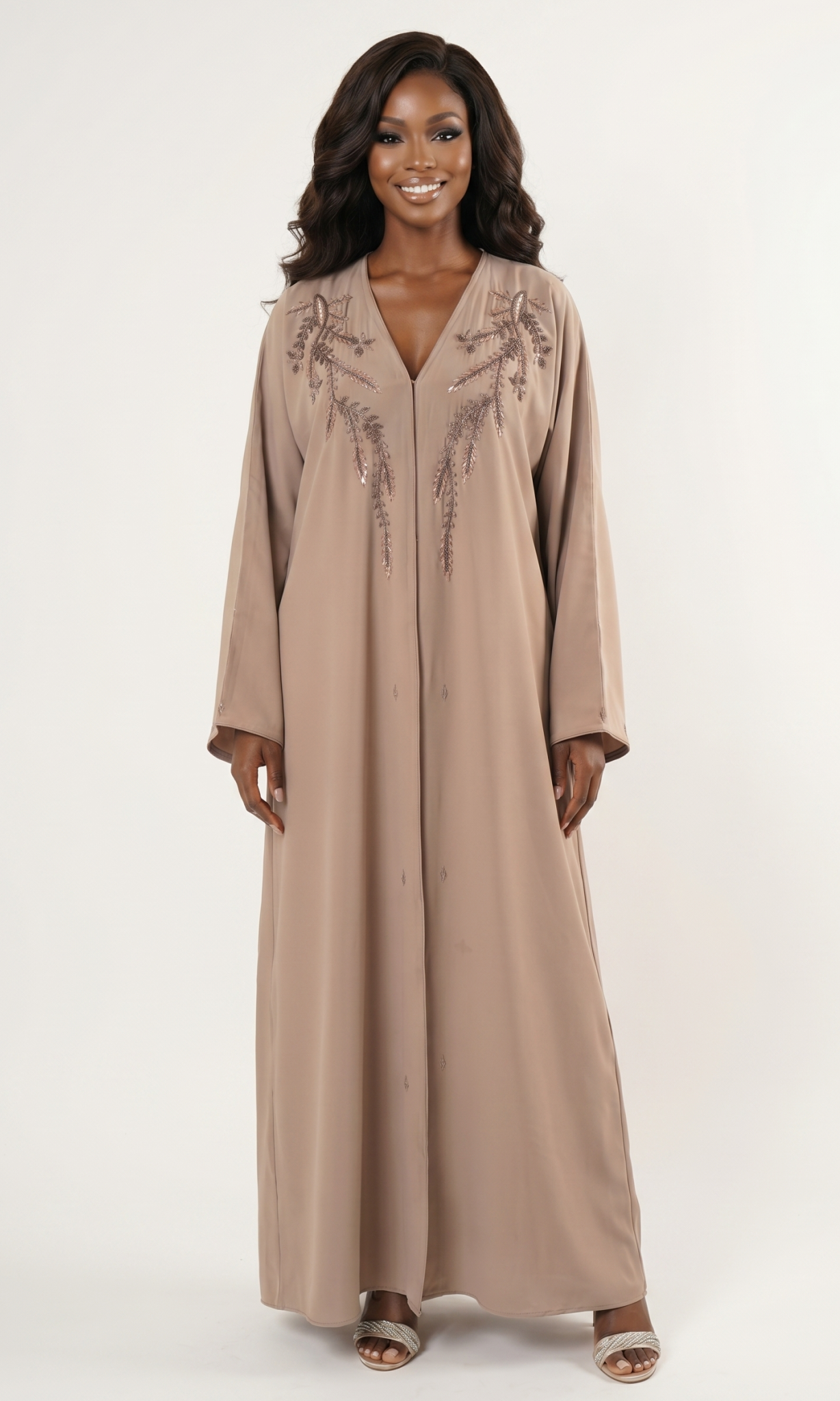 Elegant Beige Embellished Maxi Abaya Dress