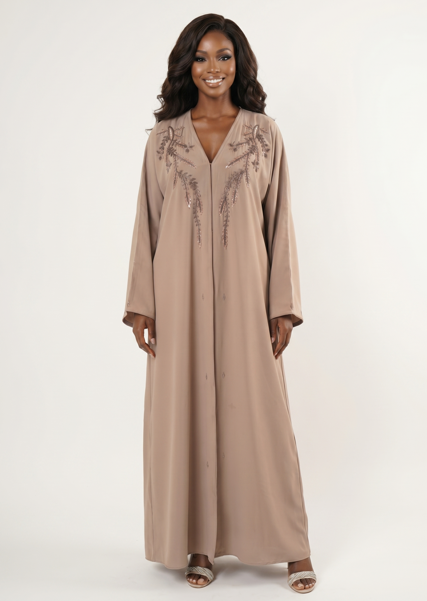 Elegant Beige Embellished Maxi Abaya Dress