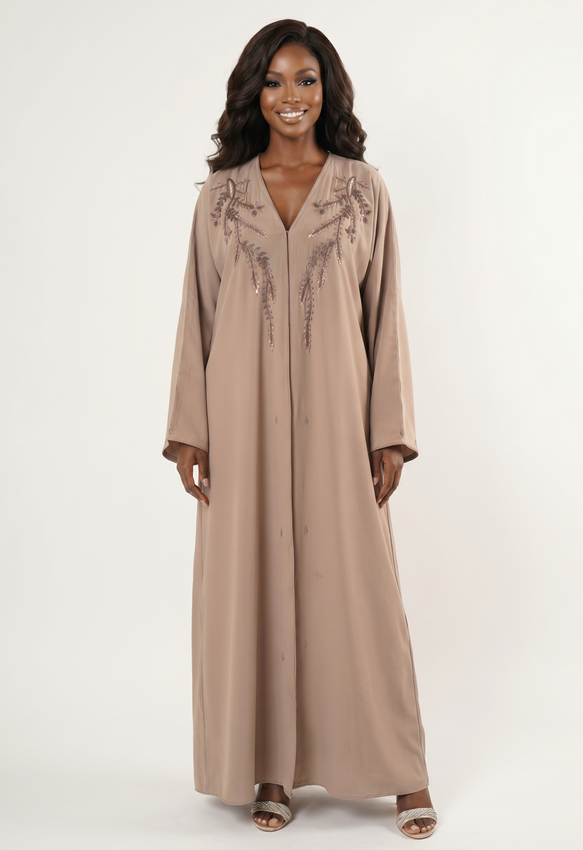 Elegant Beige Embellished Maxi Abaya Dress