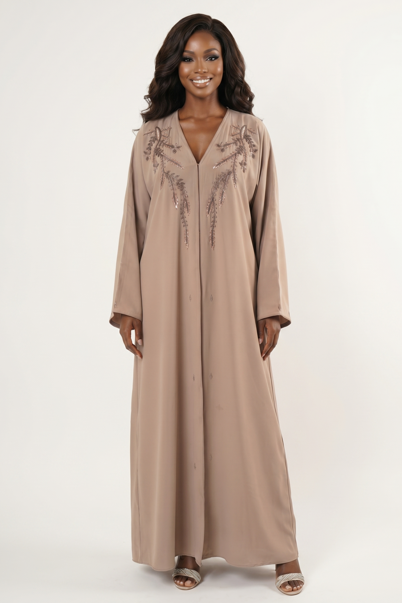 Elegant Beige Embellished Maxi Abaya Dress
