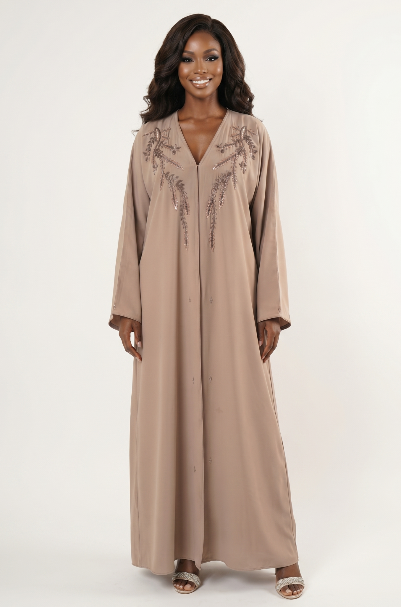 Elegant Beige Embellished Maxi Abaya Dress