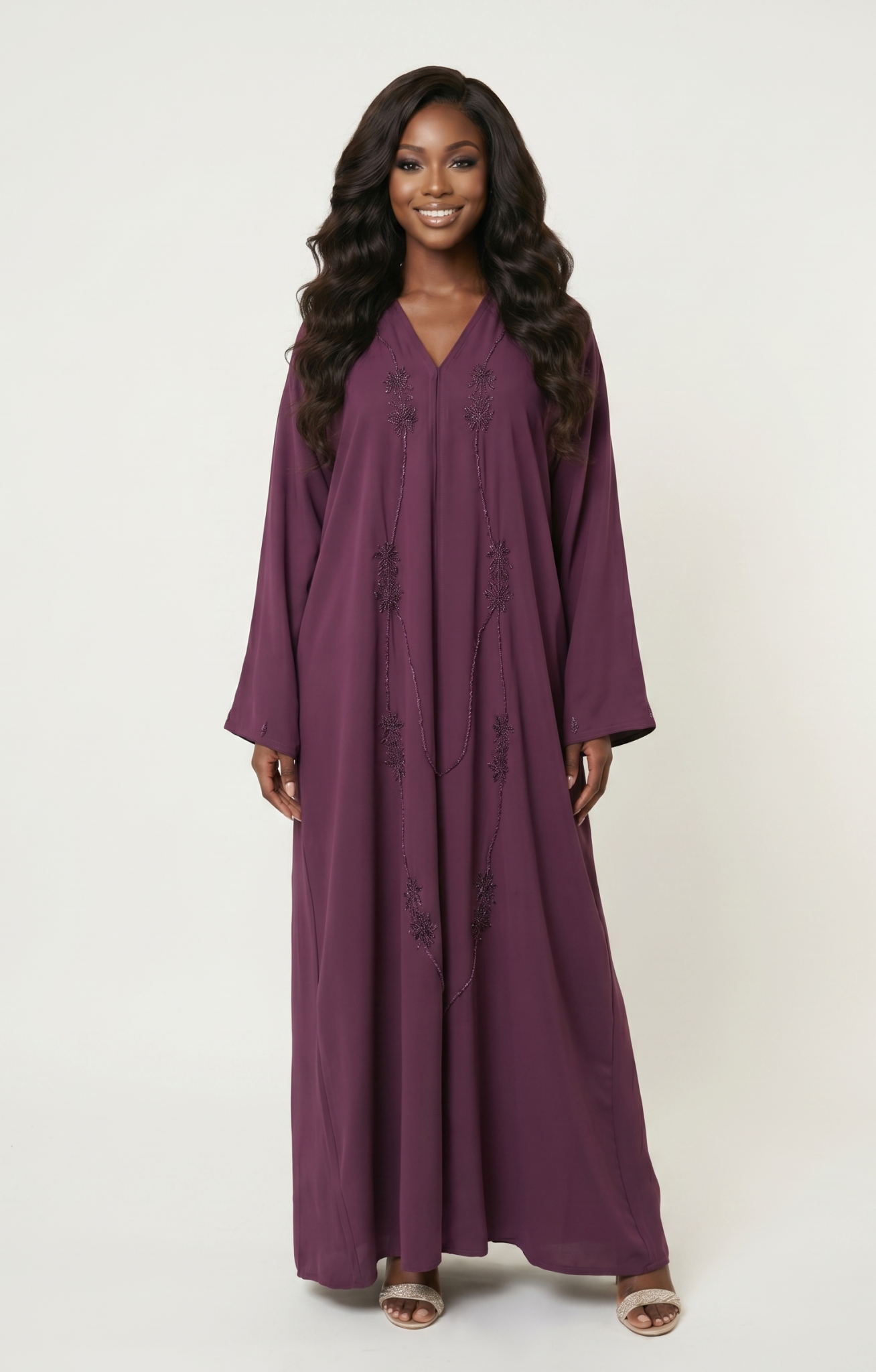 Elegant Embellished Maxi Abaya Dress – Plum Purple