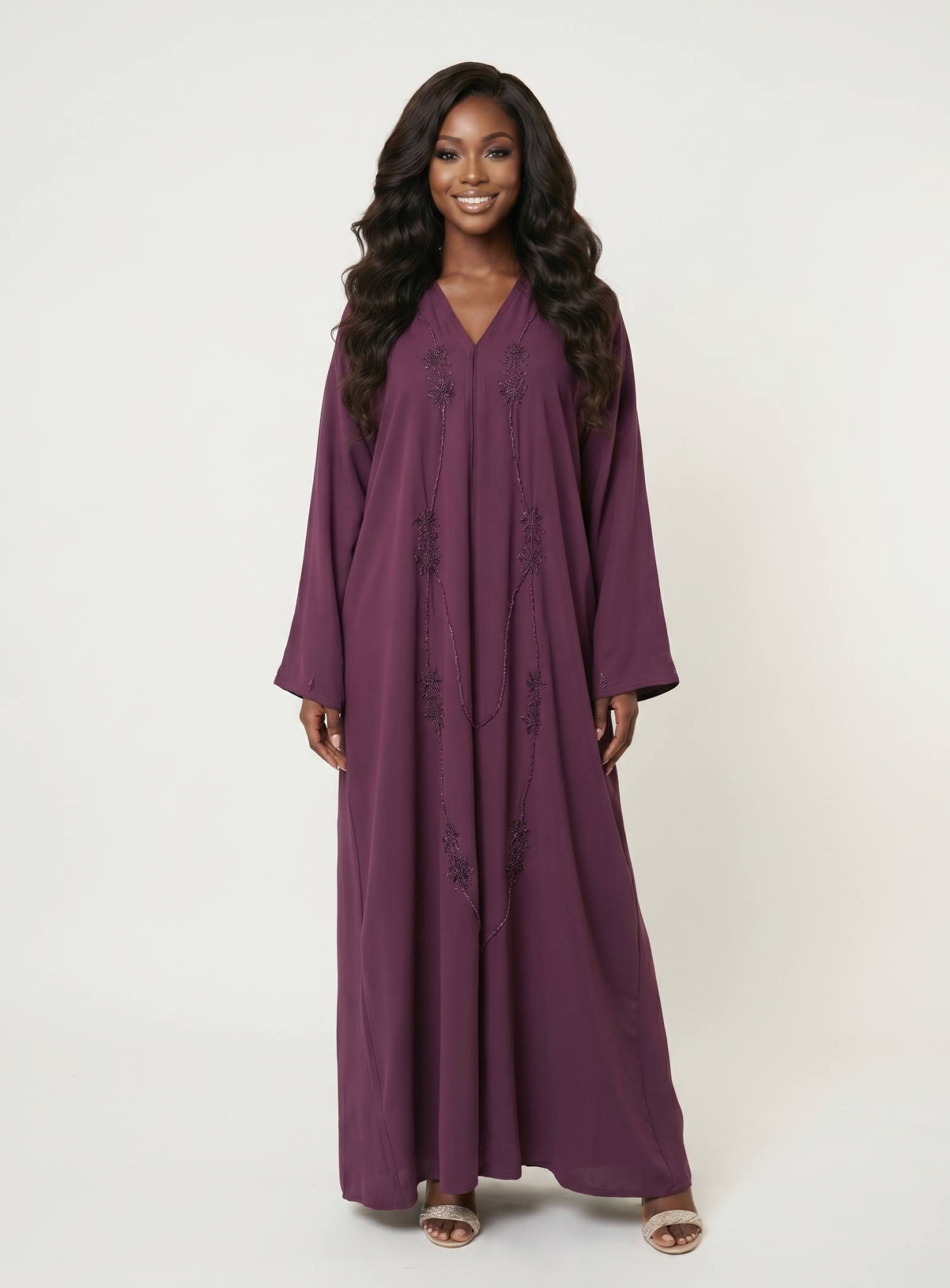 Elegant Embellished Maxi Abaya Dress – Plum Purple