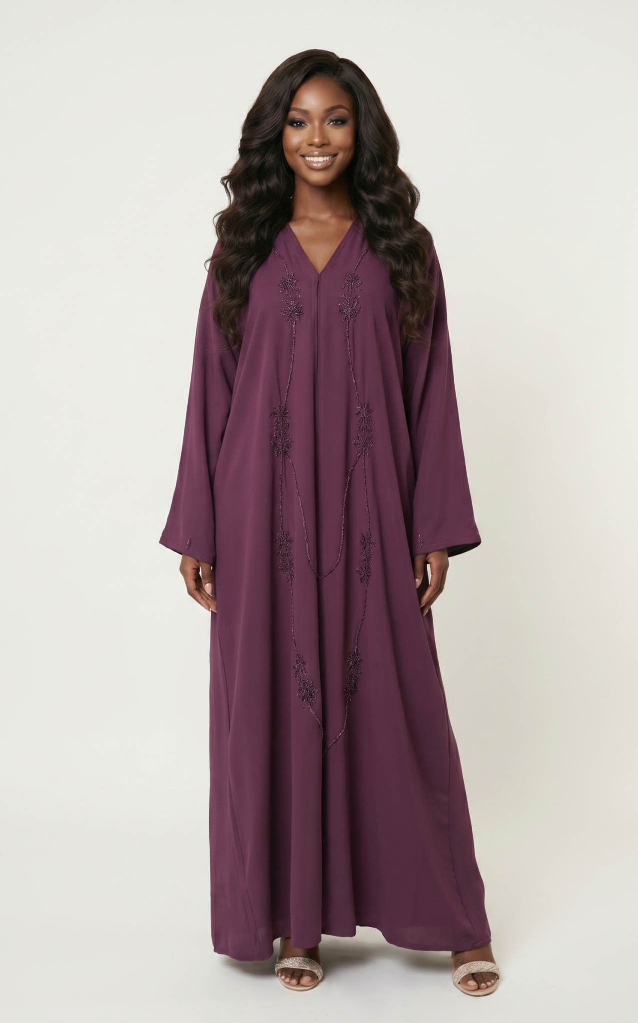 Elegant Embellished Maxi Abaya Dress – Plum Purple