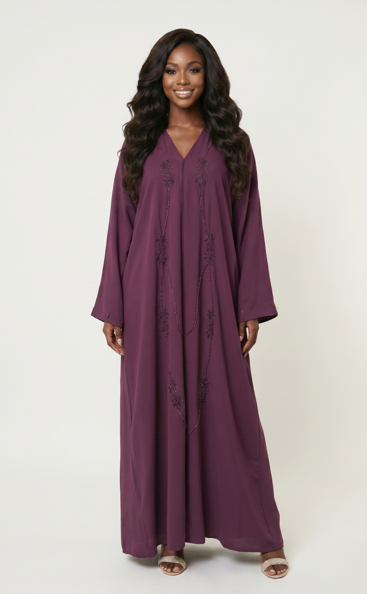 Elegant Embellished Maxi Abaya Dress – Plum Purple