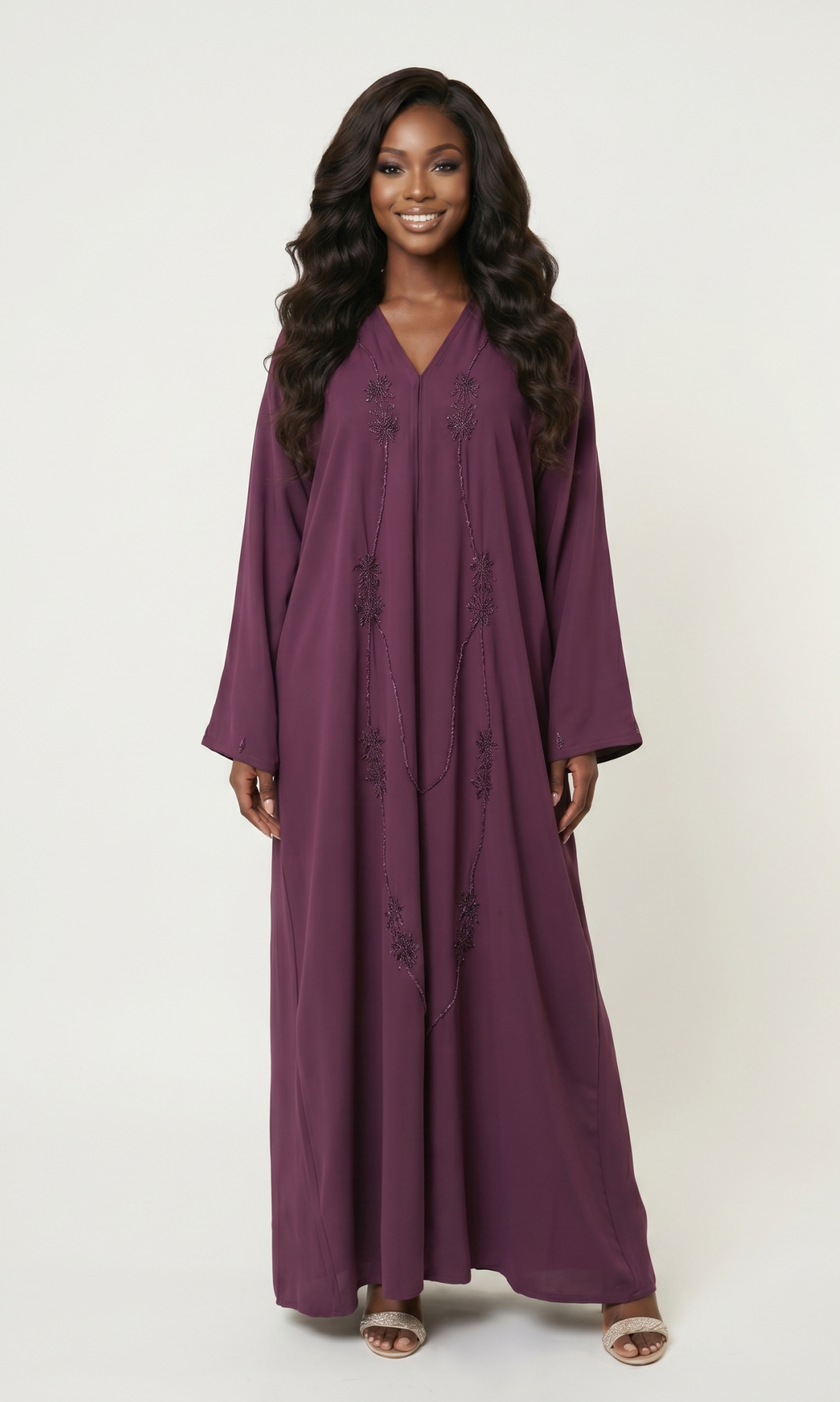 Elegant Embellished Maxi Abaya Dress – Plum Purple