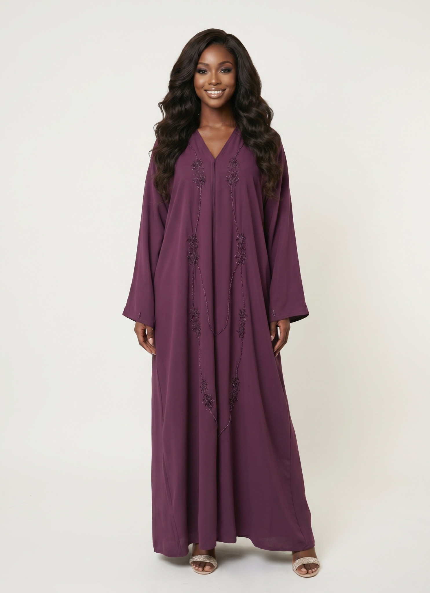 Elegant Embellished Maxi Abaya Dress – Plum Purple