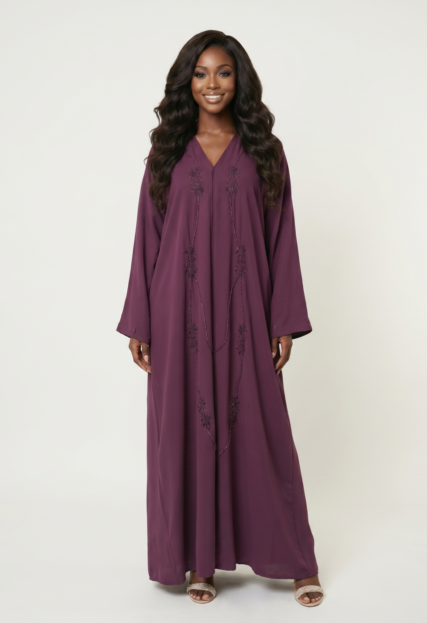 Elegant Embellished Maxi Abaya Dress – Plum Purple