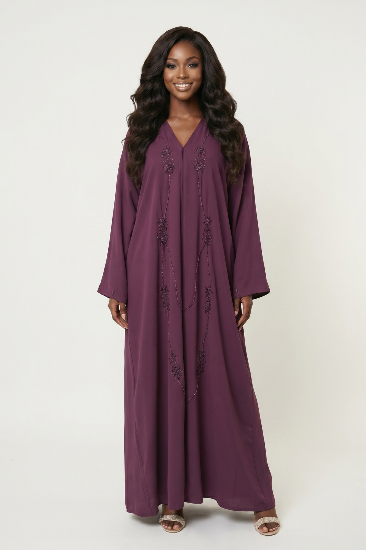 Elegant Embellished Maxi Abaya Dress – Plum Purple