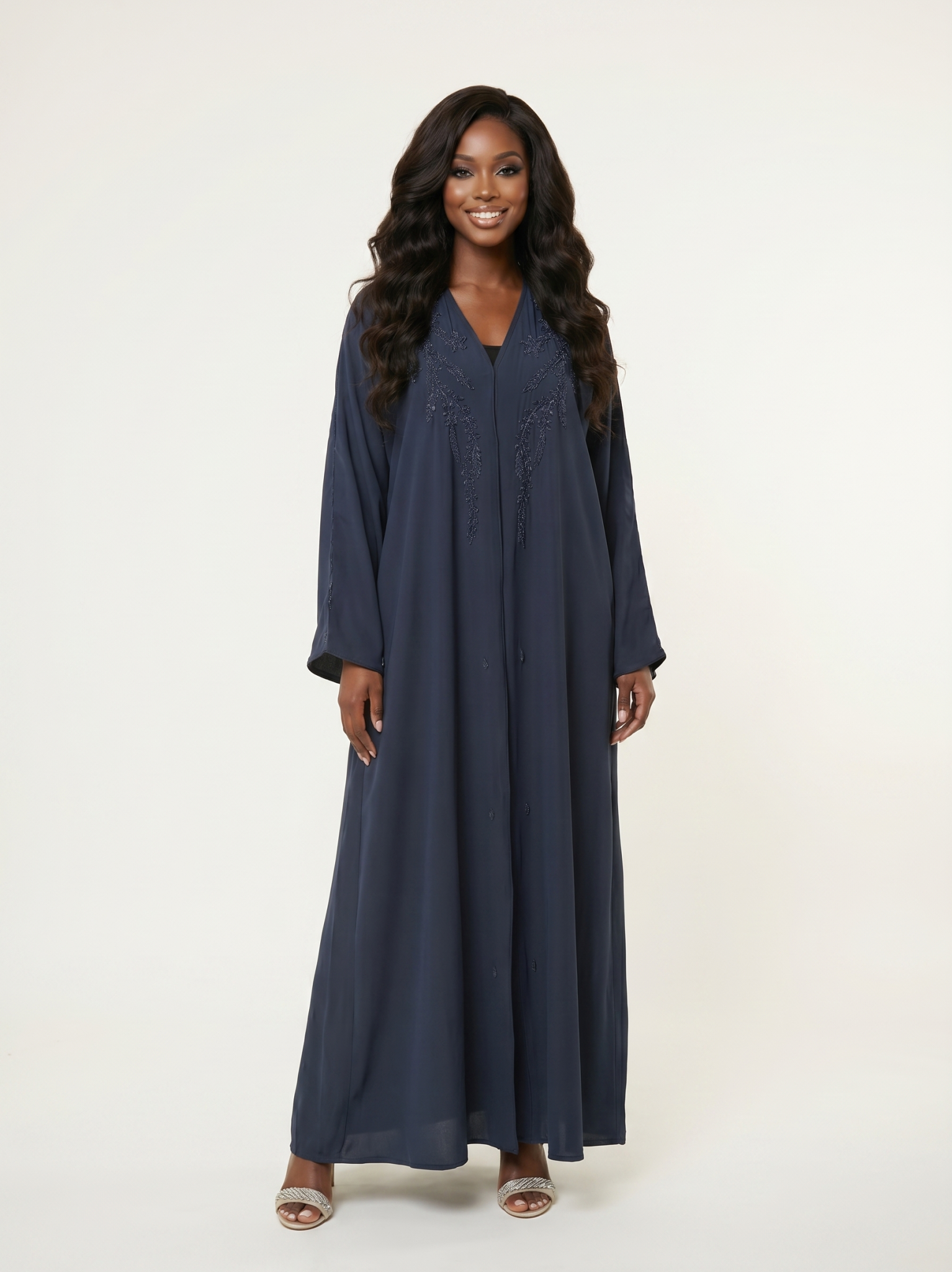 Navy Embellished Maxi Abaya Dress with Beaded Detail