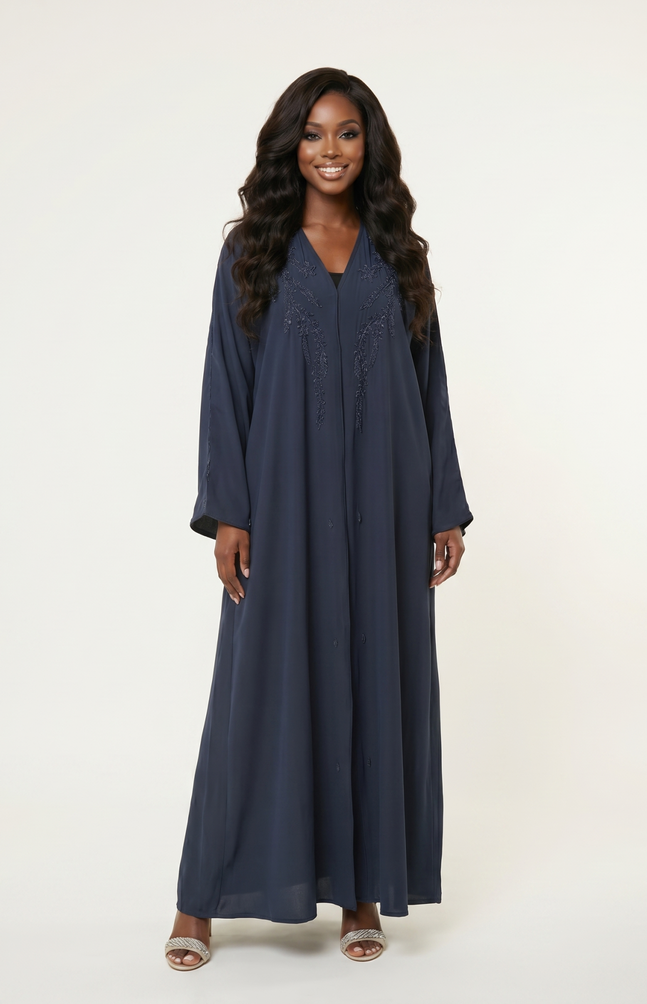 Navy Embellished Maxi Abaya Dress with Beaded Detail