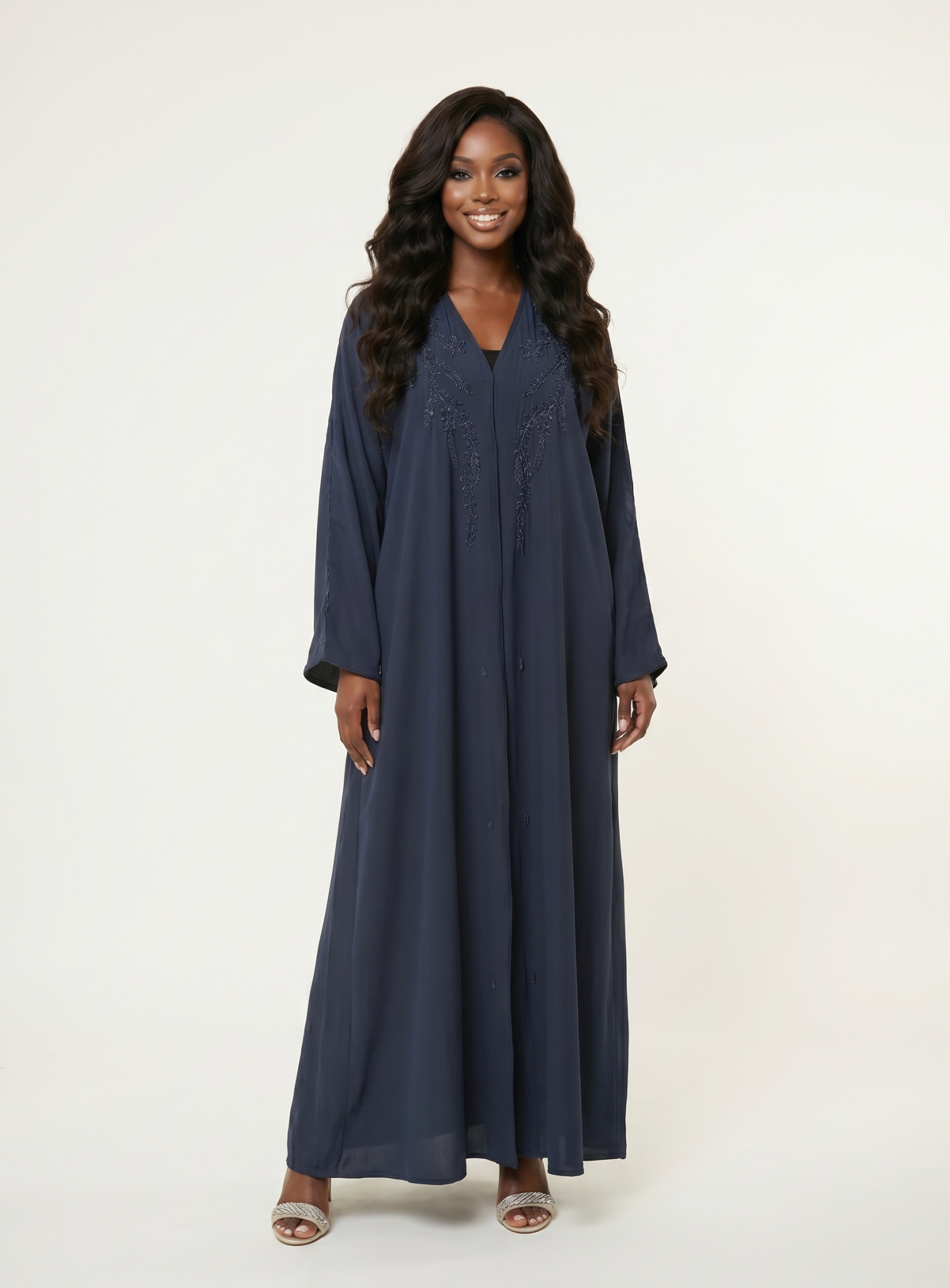 Navy Embellished Maxi Abaya Dress with Beaded Detail