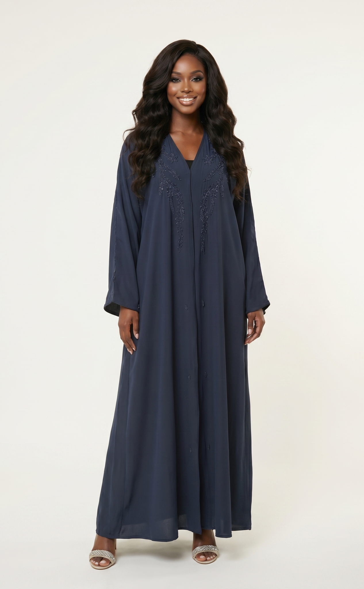 Navy Embellished Maxi Abaya Dress with Beaded Detail