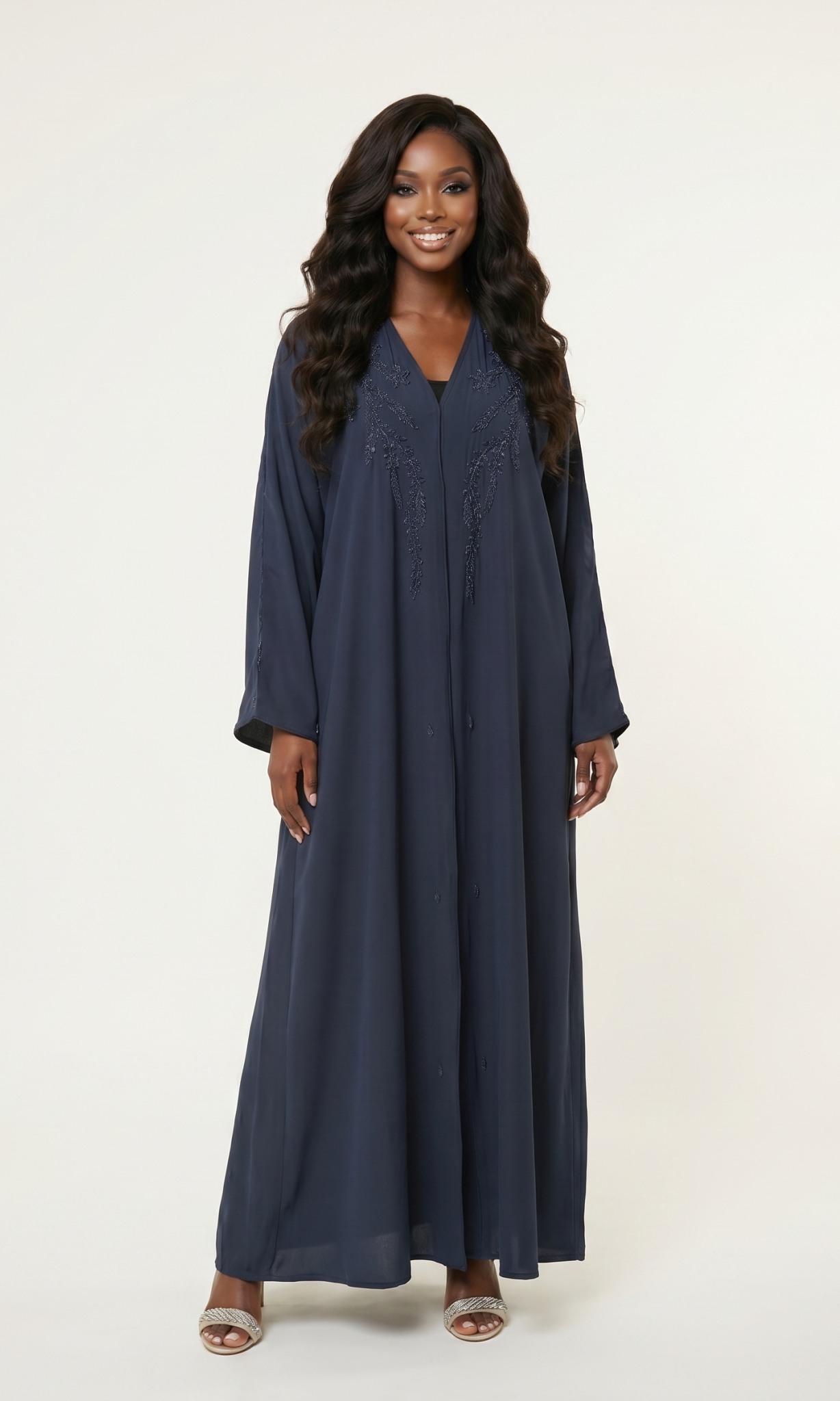 Navy Embellished Maxi Abaya Dress with Beaded Detail