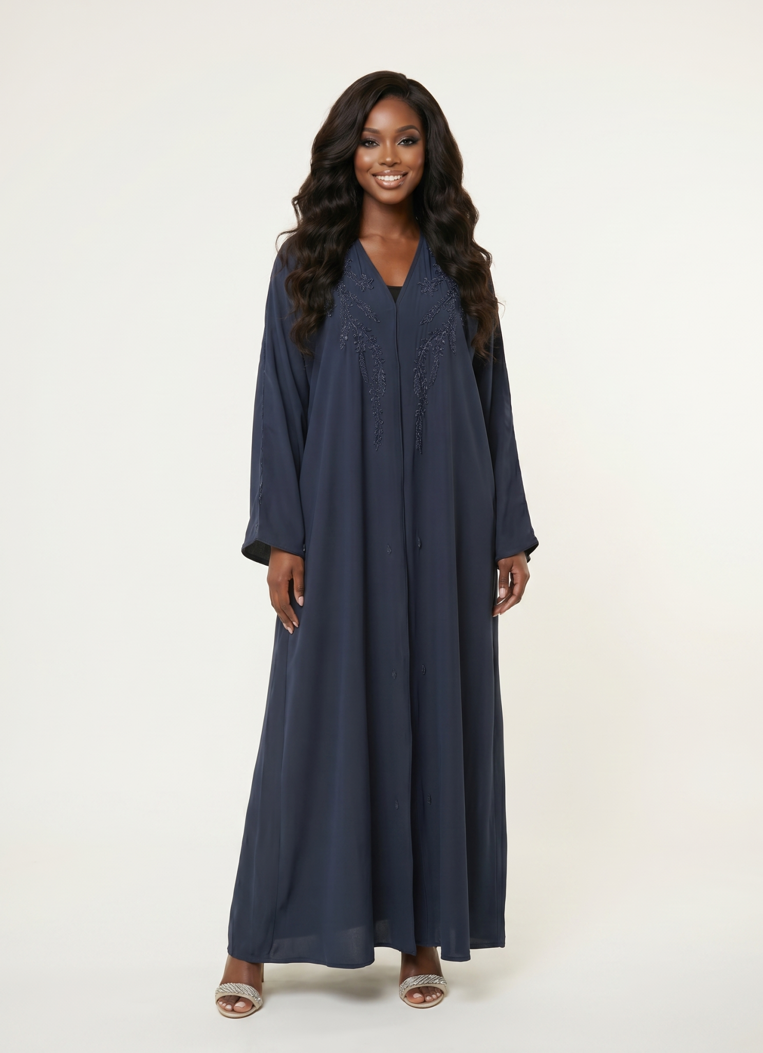 Navy Embellished Maxi Abaya Dress with Beaded Detail