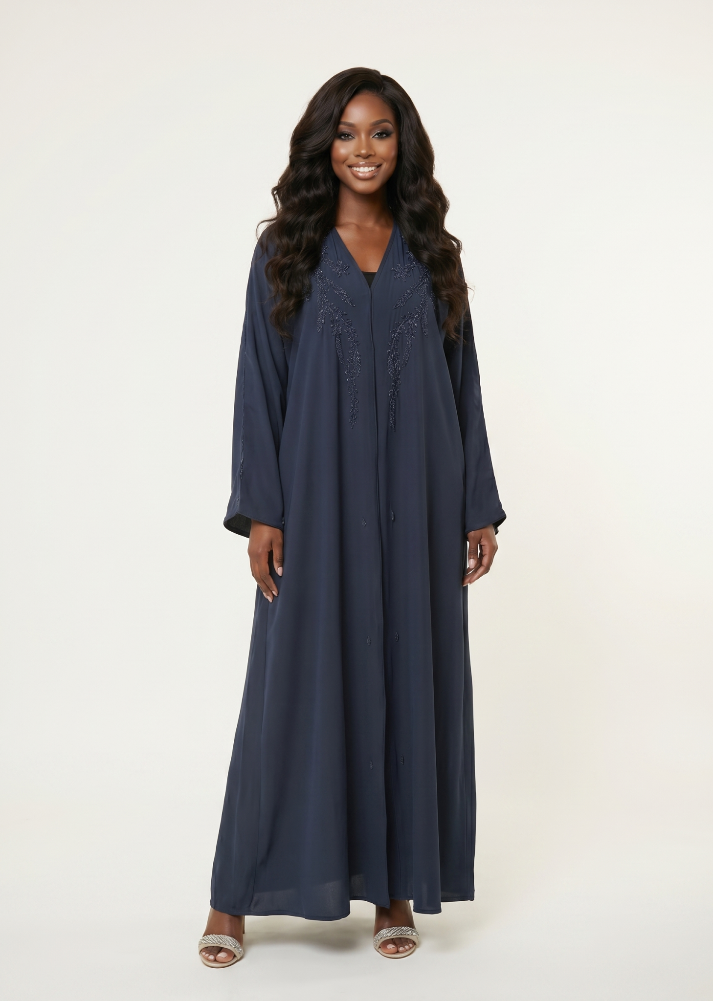 Navy Embellished Maxi Abaya Dress with Beaded Detail
