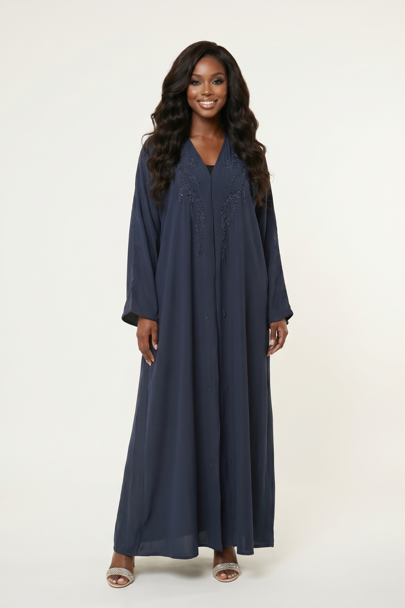 Navy Embellished Maxi Abaya Dress with Beaded Detail