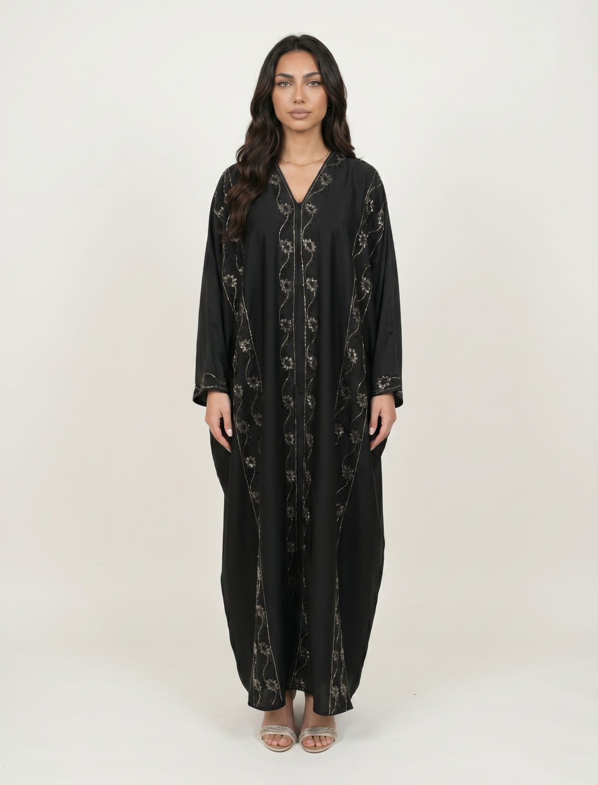 Elegant Black Satin Embellished Abaya Maxi Dress