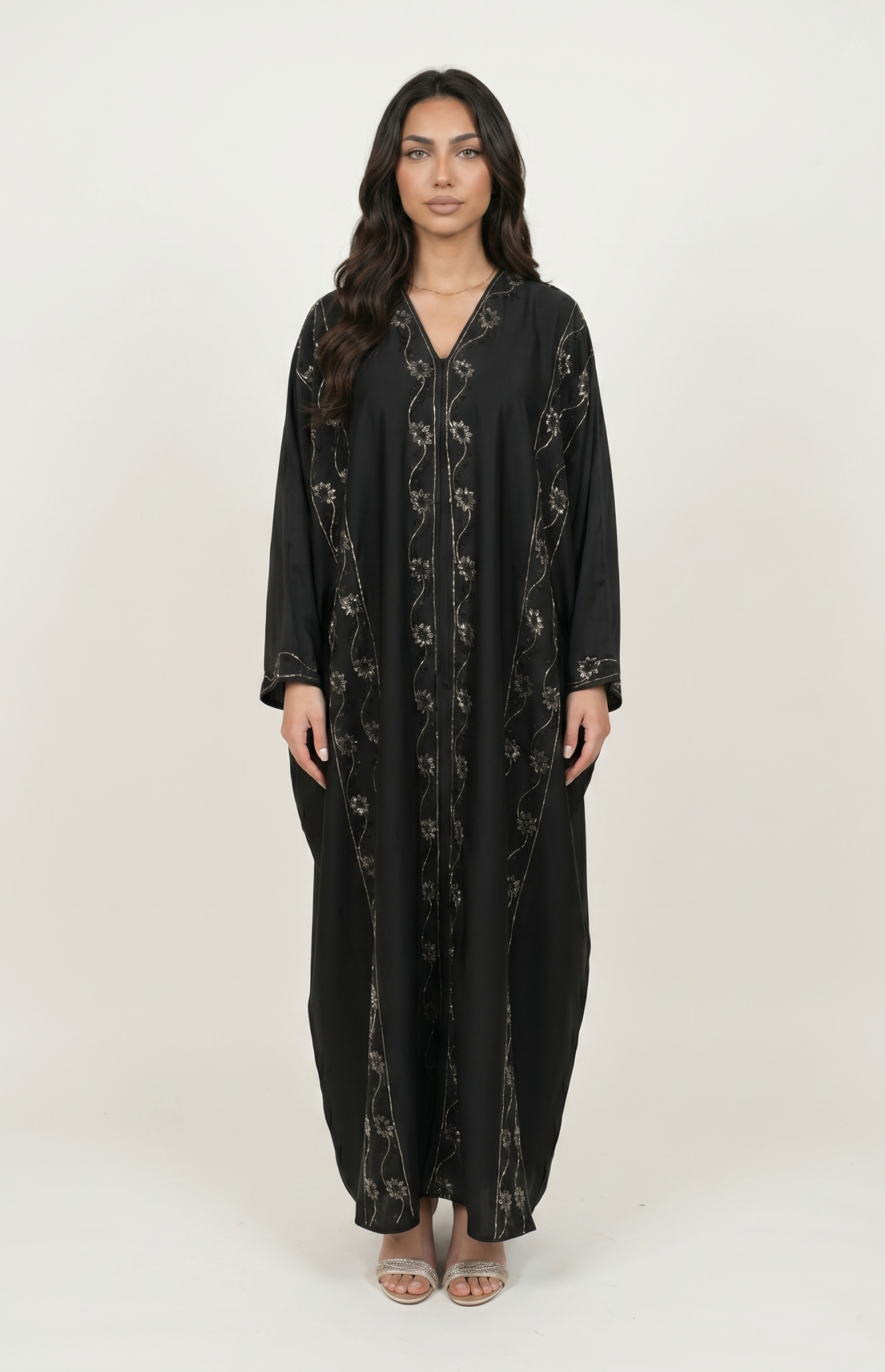 Elegant Black Satin Embellished Abaya Maxi Dress