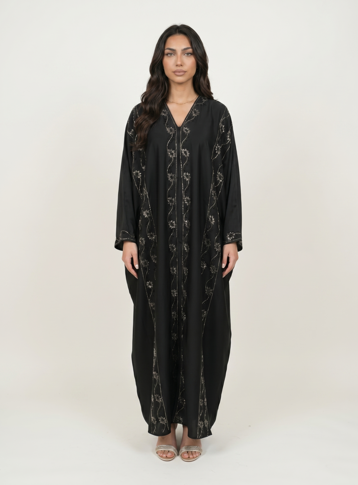 Elegant Black Satin Embellished Abaya Maxi Dress