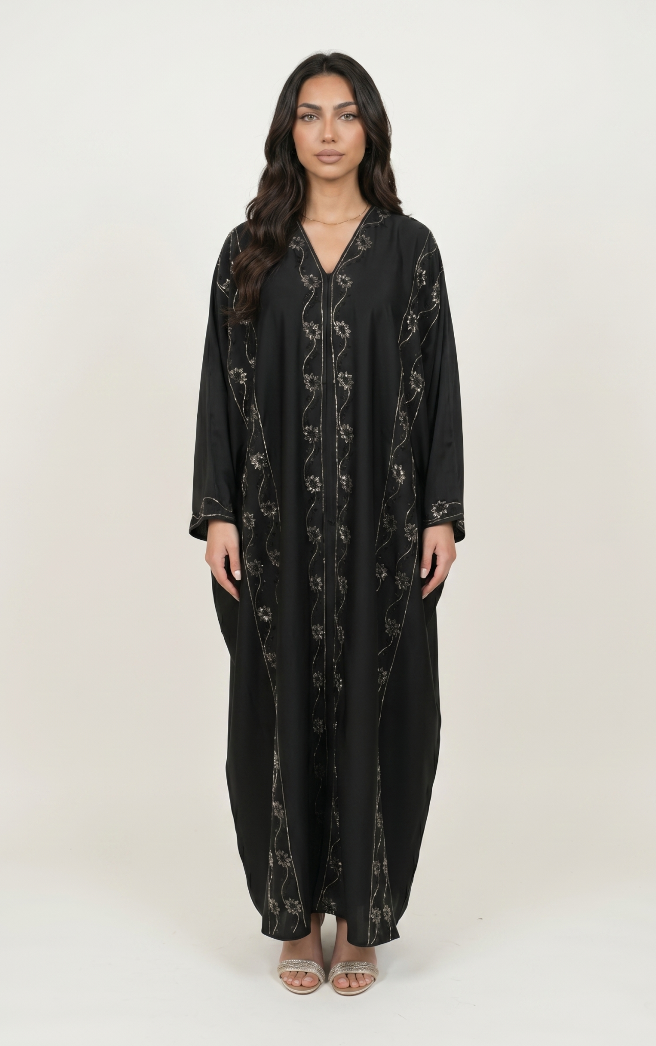 Elegant Black Satin Embellished Abaya Maxi Dress