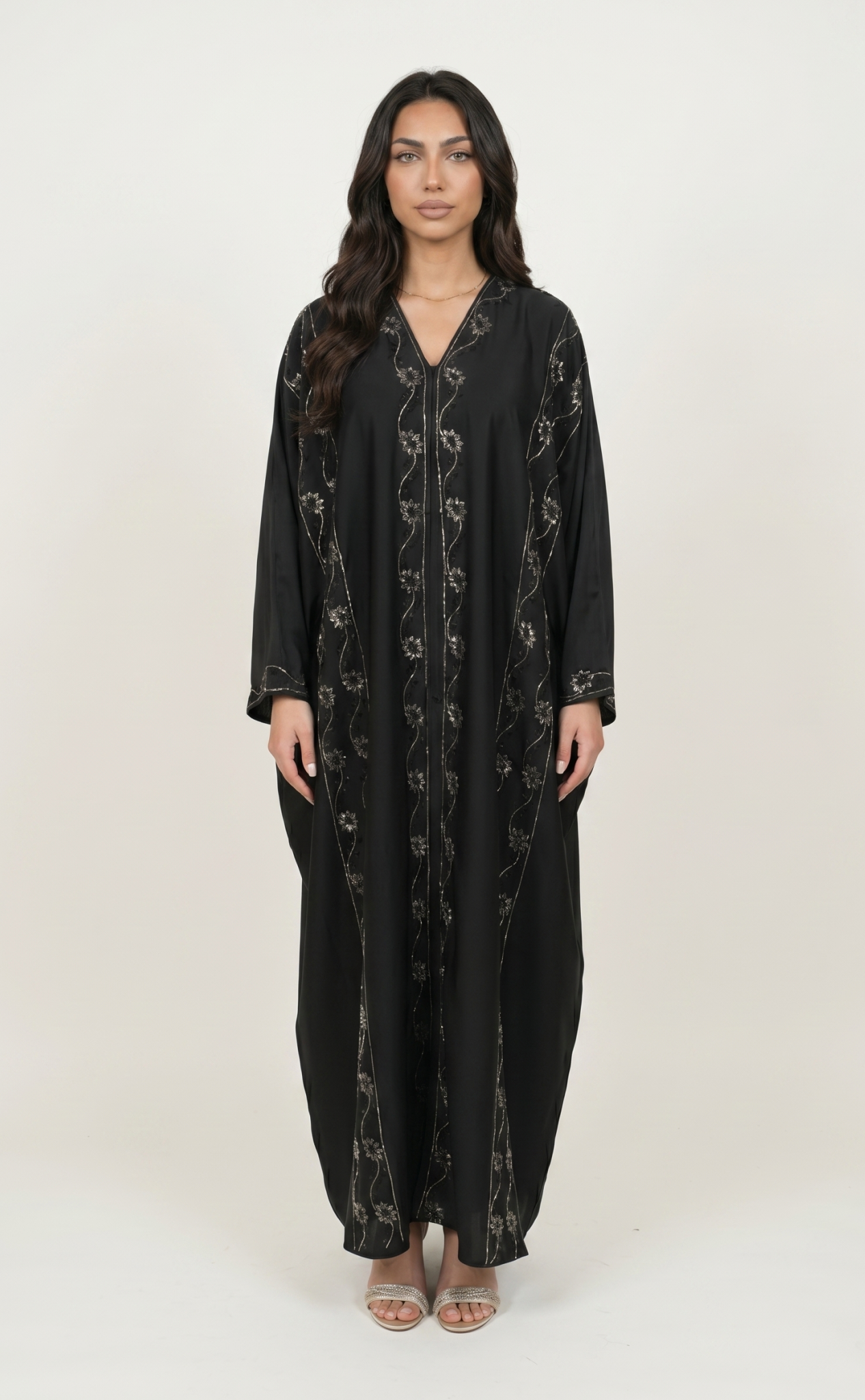 Elegant Black Satin Embellished Abaya Maxi Dress