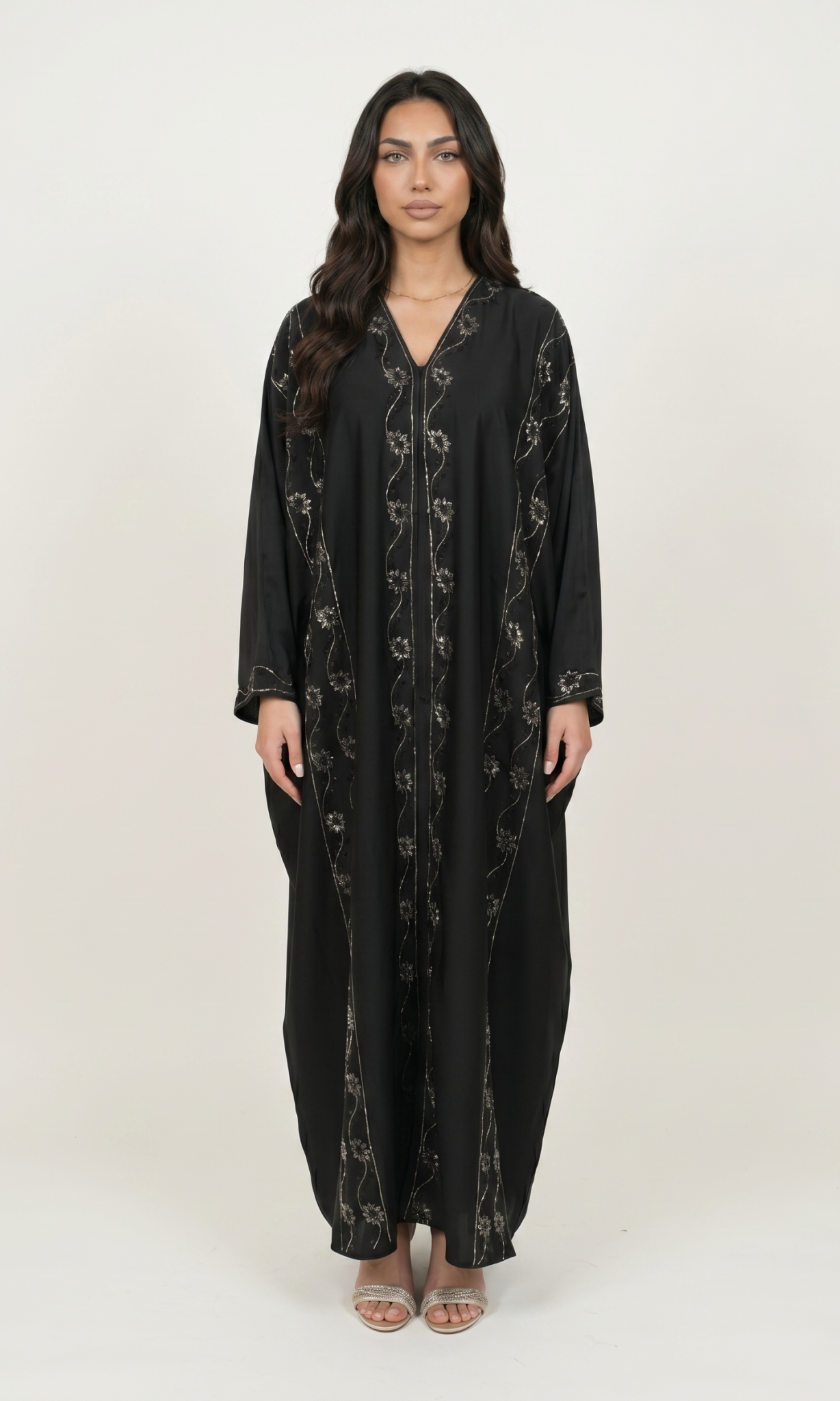 Elegant Black Satin Embellished Abaya Maxi Dress