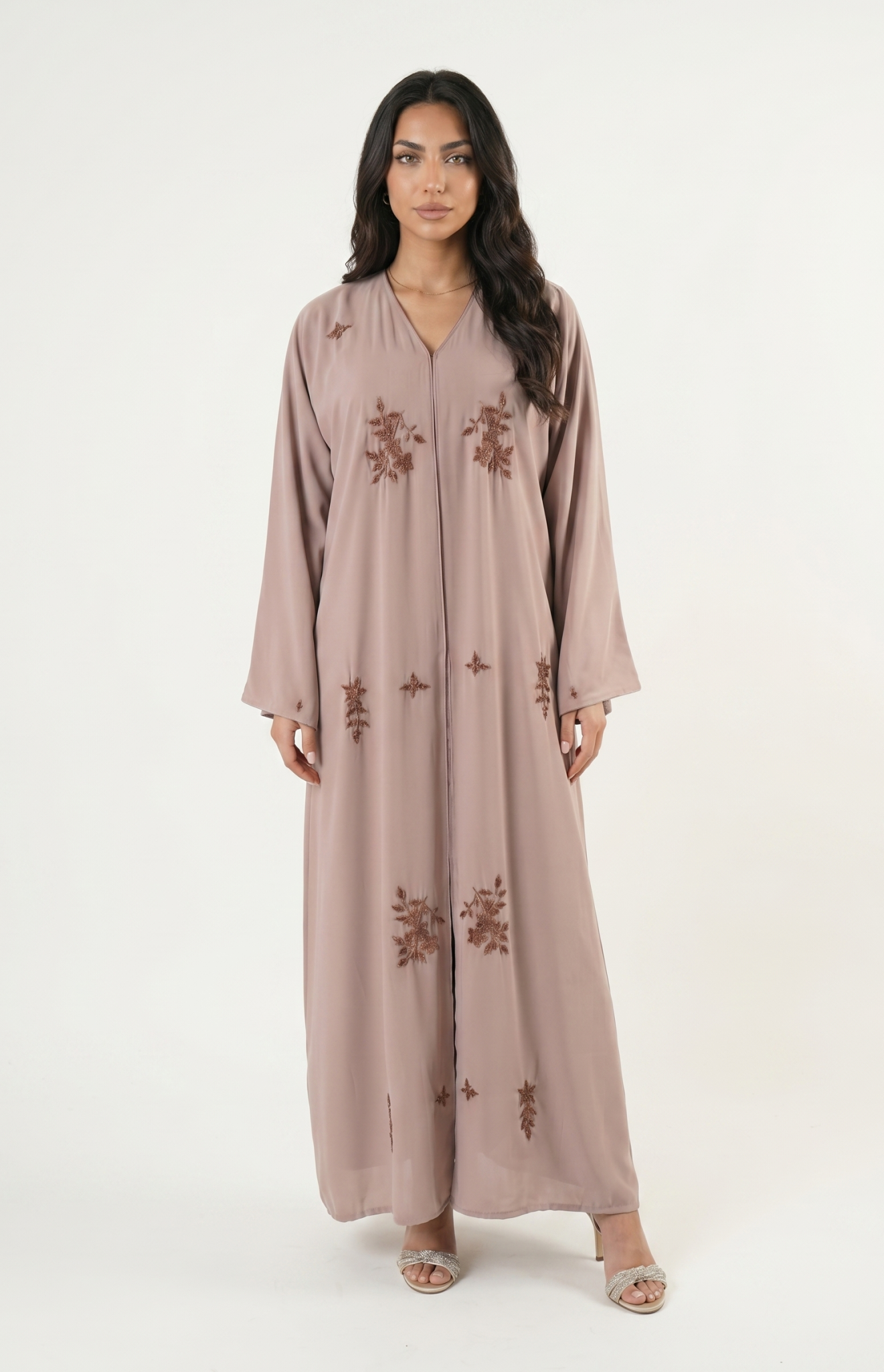 Beige Embellished Maxi Abaya Kaftan Dress