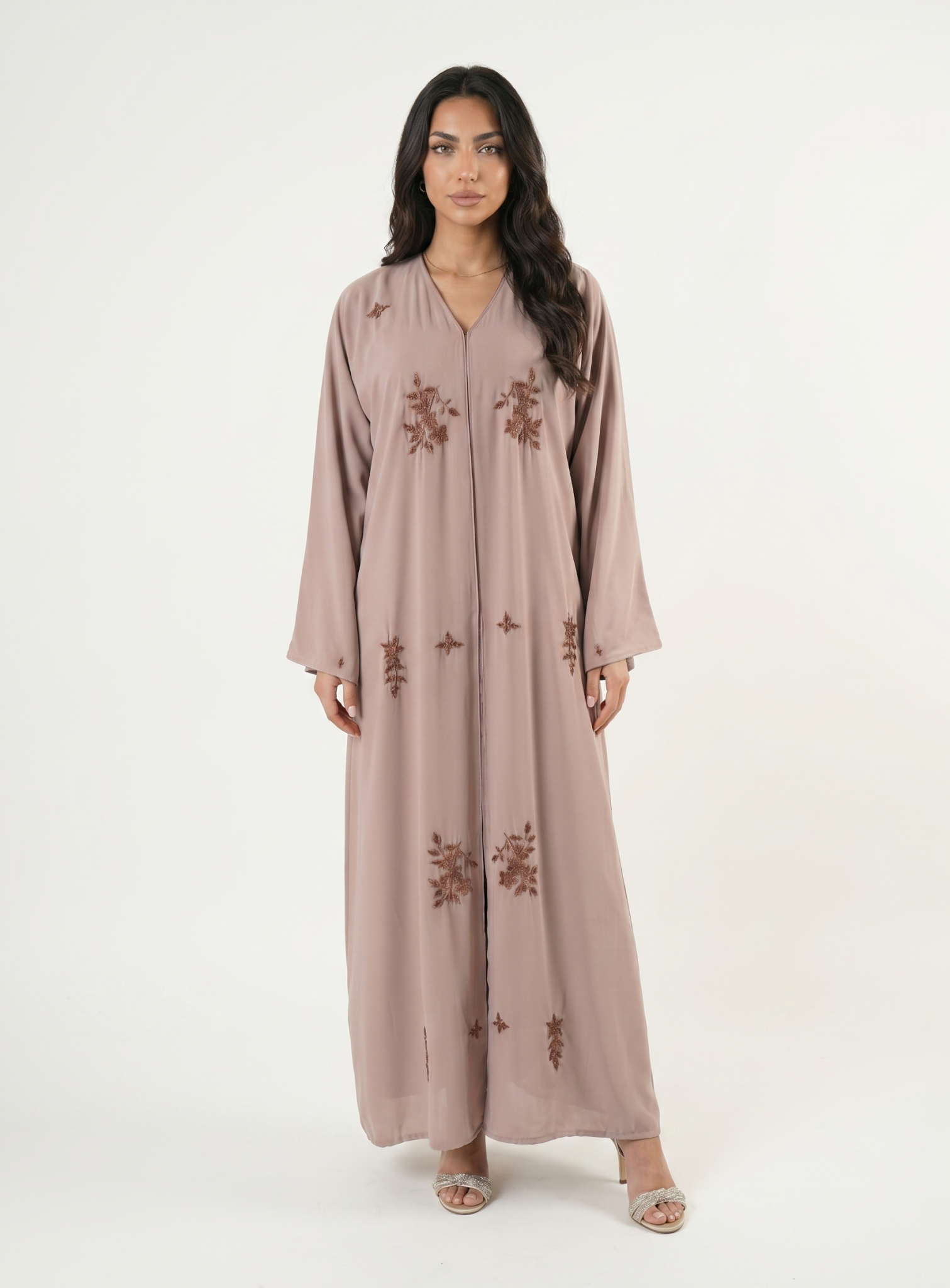 Beige Embellished Maxi Abaya Kaftan Dress