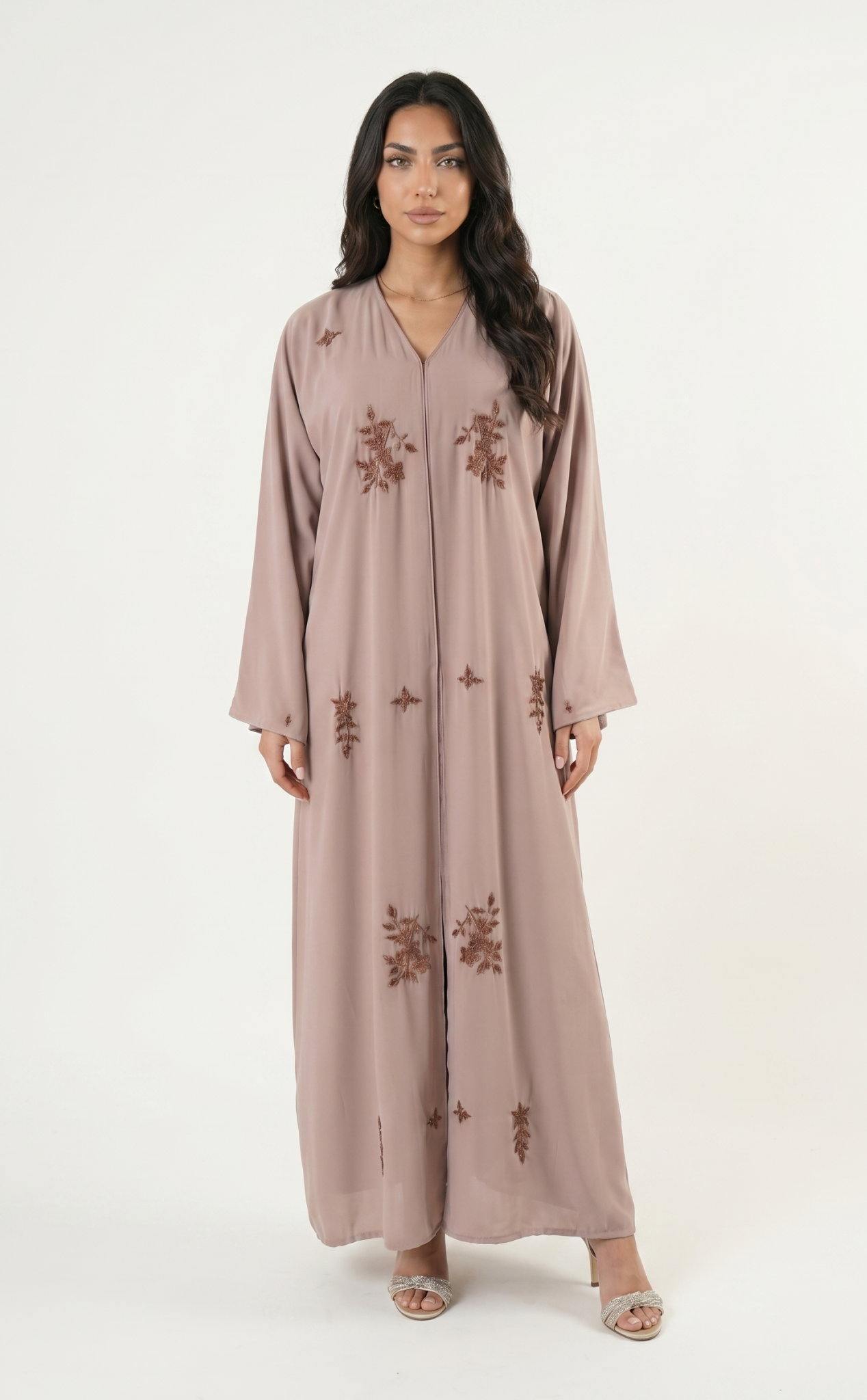Beige Embellished Maxi Abaya Kaftan Dress