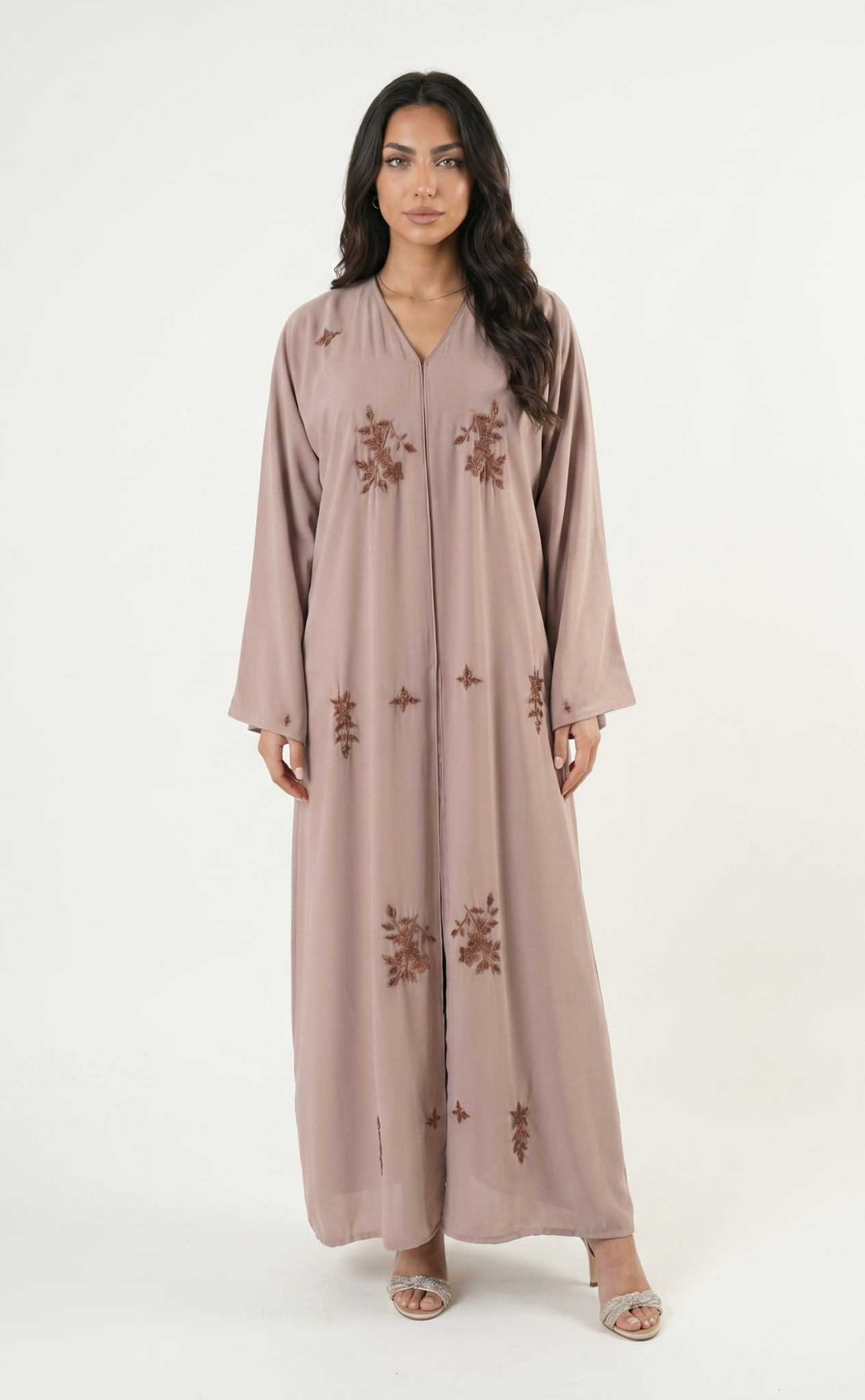 Beige Embellished Maxi Abaya Kaftan Dress
