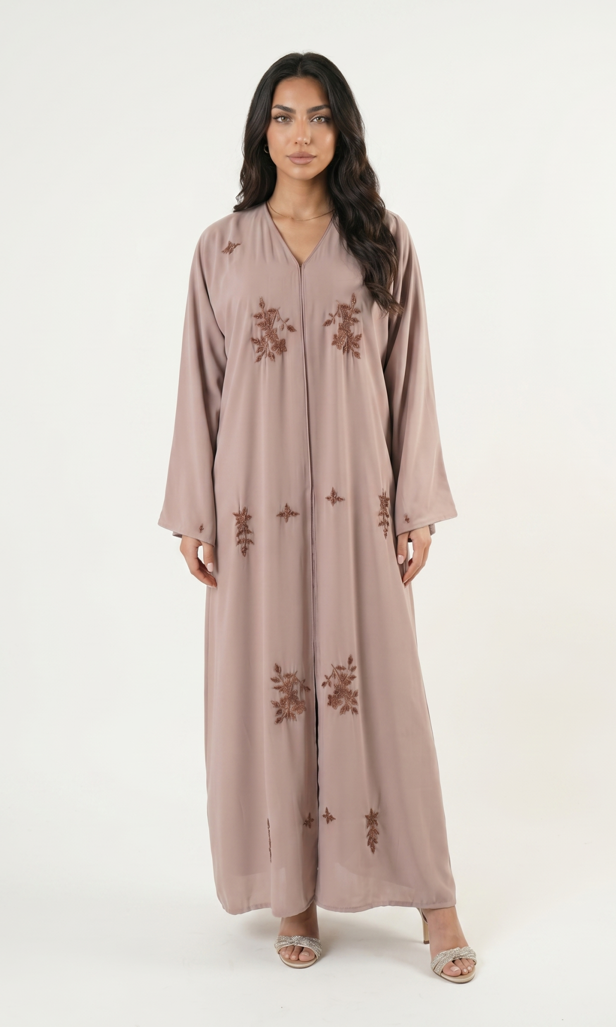 Beige Embellished Maxi Abaya Kaftan Dress