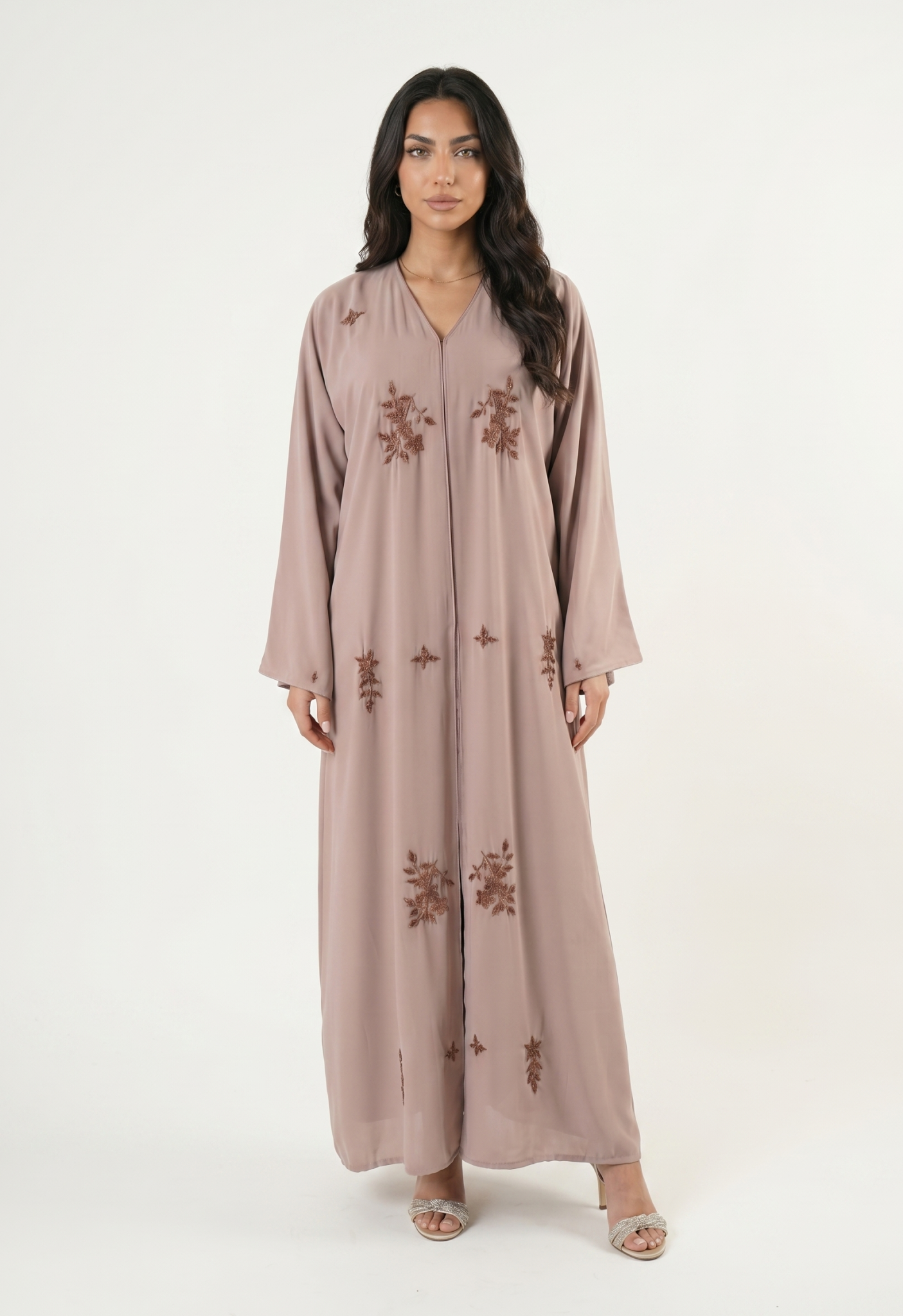 Beige Embellished Maxi Abaya Kaftan Dress