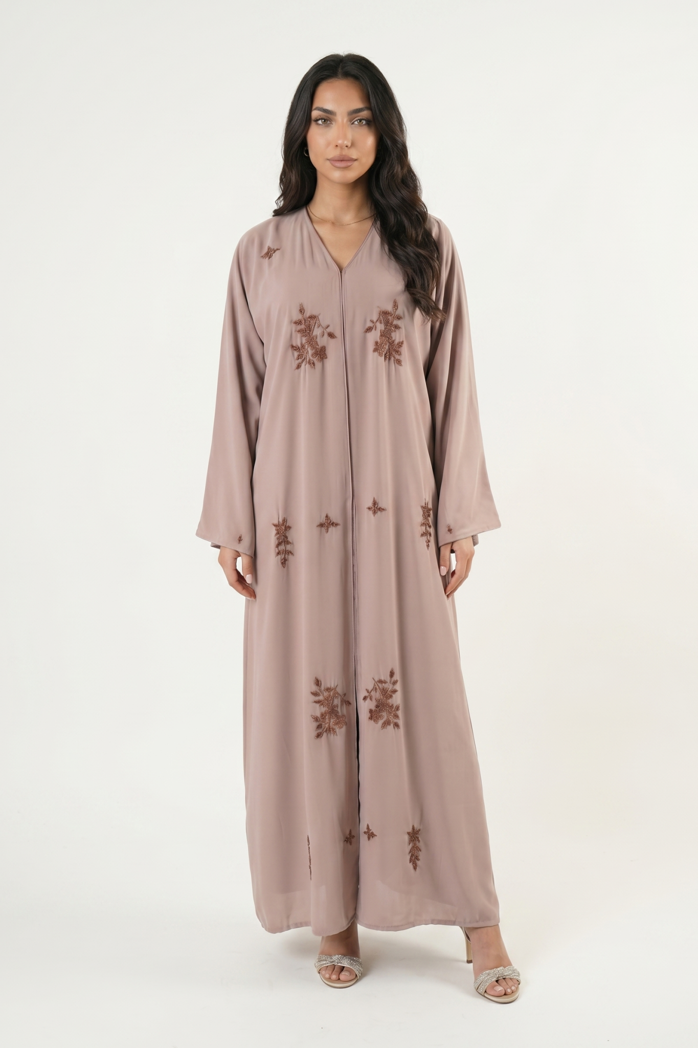 Beige Embellished Maxi Abaya Kaftan Dress